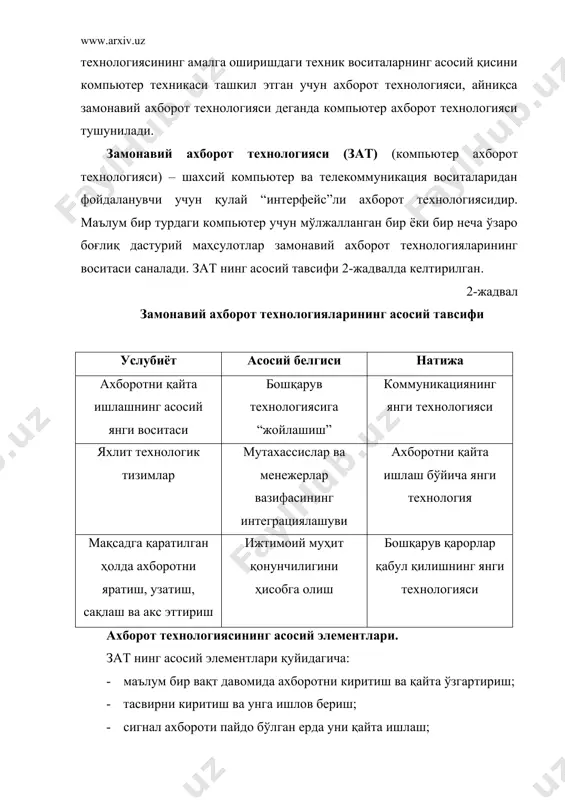 40 - 60–йилларида “электр” технологияси пайдо бўлиб, у ечиб алмаштириладиган элементларга эга электр ёзув машинкалари, оддий қоғоздан фойдаланувчи нусха кўчириш машинаси, портатив диктафонлардан иборат эди. 60-йилларнинг иккинчи ярмидан эса “электрон (ёки компьютер)” технологияси юзага кела бошлади ва ахборотни шаклини эмас, мазмунини ўзгартиришга урғу берила бошланди. ахборот технологиясининг кейинги тараққиёти асосан коммуникация воситалари билан боғлиқ. хорижий мутахассислар ахборот технологиялари ривожланишиинг бешта асосий тенденциясини ажратиб кўрсатади: 1. ахборот маҳсулотларининг мураккаблашуви. ахборот воситаси кўринишидаги ахборот маҳсулоти, эксперт таъминоти тхизматининг маълумотлар базаси статегик аҳамият касб эта боради. турли шаклдаги (нутқ, маълумот, тасвир) ахборот маҳсулотлари эшитиш, кўриш ва англаш учун фойдаланувчининг талабига кўра ишлаб чиқилади ҳамда унга қулай вақтда ва шаклда маҳсулотни етказиб бериш воситаси мавжуд бўлади. 2. биргаликда ҳаракат қилиш қобилияти. ахборот маҳсулотининг аҳамияти ошиб бориши билан мазкур маҳсулотларни компьютер ва инсон ёки ахборот тизимлари ўртасида идеал тарзда алмашувини ўтказиш имконияти илғор технологик муаммо касб этади. 3. оралиқ бўғинларни тугатиш. биргаликда ҳаракатланиш қобилиятининг ривожланиши …