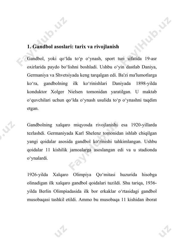 yin hududini ikkiga bo‘ladi. ushbu chiziq ayni vaqtda ikkala jamoa o‘yinchilarining joylashuvi va o‘yinning boshlanishida orqaga chekinish chizig‘i sifatida ishlatiladi. 3. **jazo maydoni liniyasi**: darvoza maydonidan keyin, 6 metrdan masofada joylashgan, ust-ustga 15 sm uzunlikdagi ikki segmentdan tashkil topgan qisimli chiziq chizilgan bo‘ladi. ushbu chiziq jazo maydoni deb ataladi. 4. **7 metr chizig‘i (penalti chizig‘i)**: darvoza chizig‘idan 7 metr uzoqlikda joylashgan, o‘rtada sayoz yarim davra sifatida chizilgan chiziqdir. bu chiziqdan jazo zarbalari bajariladi. 5. **frik chiziqlar**: 9 metr masofada, darvoza chiziqlaridan boshlanadigan qisimli yarim davra chiziq chizilgan bo‘lib, bu chiziqdan erkin zarbalar amalga oshiriladi. ushbu chiziq 3 metrli chizmali segmentlardan iborat. 6. **qirg‘oq chiziqlari**: maydonni atrofidan o‘rab turuvchi chiziqlar qismlariga aytiladi. bular orqa va yon chiziqlardan iborat. 7. **darvozalar**: gandbol maydoni ikki uchida joylashgan darvozalar o‘lchami bo‘yicha 3 metr kenglik va 2 metr balandlikda bo‘ladi. har bir darvoza maydonchalari maxsus tarzda tayyorlangan bo‘lib, darvoza oldidagi joy 6 metrli radiusga ega …