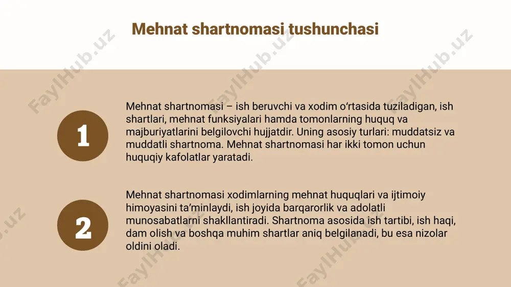 i vazifalar va amaliy muammolarning hal etish usullari qisqacha ko‘rib chiqildi. shartnoma tuzishdagi muammolar shartnoma tuzishda uchraydigan asosiy muammolar ko‘p uchraydigan muammolar: taraflar o‘rtasida tushunmovchilik, shartlar noaniqligi, huquqiy bo‘shliqlar, yozma rasmiyatchilikning yetishmasligi va mehnat qonunchiligi buzilishi. bu xatolar ish munosabatlarida kelishmovchiliklarga sabab bo‘ladi. muammolarni oldini olish va hal qilish strategiyalari muammolarni kamaytirish uchun: shartlarni aniq va ravshan belgilang, yozma rasmiylashtirishni amalga oshiring, huquqiy maslahat oling, ishchi va ish beruvchi o‘rtasida muloqotni ochiq tuting. zarur hollarda, sud yoki arbitrajdan foydalanish mumkin. amaliy misollar va tajribalar misol: shartnoma shartlari noaniqligi sababli sudda nizolar yuzaga kelgan. yozma shartnoma bo‘lmagan hollarda ko‘pincha ishchi va ish beruvchi o‘rtasida tushunmovchiliklar vujudga keladi. yuridik ekspertiza muhim ahamiyatga ega. photo by igor omilaev on unsplash photo by gianpaolo la paglia on unsplash photo by getty images on unsplash xodimning asosiy majburiyatlari ishga o‘z vaqtida kelish, topshirilgan vazifalarni sifatli bajarish, mehnat intizomiga rioya qilish va korxona manfaatlarini himoya qilish …
