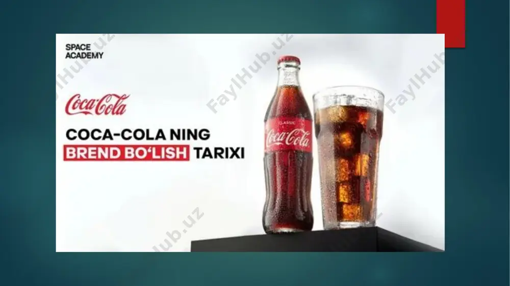 n dunyoning turli nuqtalarida butilkalash zavodlari qurdi. 1940-yillarda coca-cola ichimligi yevropa, osiyo va janubiy amerikadagi bozorlarni zabt etdi. shu davrda coca-cola “amerikancha hayot tarzining timsoli” sifatida ko‘rilgan. 📈 3. katta kengayish va franchayzing tizimi (1950–1970-yillar) coca-cola franchayzing (ya’ni, mustaqil butilkalovchi kompaniyalar orqali) tizimini kengaytirdi. 1950-yillarda coca-cola reklamalari va mahsuloti 120 dan ortiq mamlakatda mavjud edi. 1960-yil: sprite ichimligi chiqarildi, va coca-cola turli brendlar ostida ichimliklar ishlab chiqarishni boshladi. 2-reja: ta’sischilari va kompaniya rivojida ularning o‘rni 1. john stith pemberton – asosiy yaratuvchi ichimlik retseptining muallifi (1886-yil) dastlabki dorivor tonik sifatidagi konsepsiya coca-cola nomini tanlashi retseptni tijoratlashtirishdagi ilk harakatlari hayotining oxirlarida ichimlik huquqlarining boshqa tadbirkorlarga o‘tishi 2. asa griggs candler – tijorat asoschisi coca-cola huquqlarini sotib olishi (1888–1892) the coca-cola company’ni rasmiy ro‘yxatdan o‘tkazishi (1892-yil) mahsulotni doridan ommaviy ichimlikka aylantirish yirik reklama kampaniyalarini boshlab berishi kompaniyaning dastlabki kengayishi va franchayzing asoslarini yaratishi 3. ernest woodruff va robert woodruff – global kengaytiruvchilar …