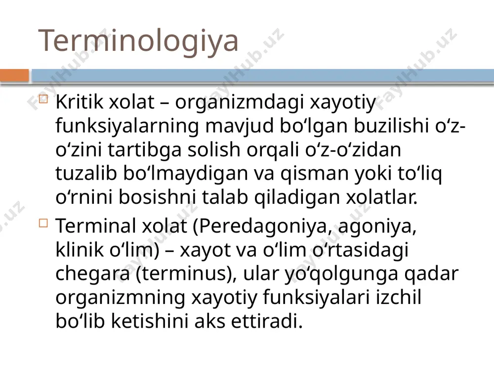 ak ritmining o‘zgarishi, qon bosimi, miokard fibrillyasiyasi, emboliya va trombozlar. (sabab-havo almashinuvining buzilishi). asab tizimi: sekin o‘yg‘onish, talvasa, psixik buzilishlar (qo‘zg‘algan, amneziya), periferik nevritlar, parezlar, paralichlar. oshqozon-ichak trakti: qayt qilish. reanimatsiya organizmning o‘lish jarayoni fazalari preagoniya. xushning progressiv pasayishi bilan xarakterlanadi. gemodinamik o‘zgarishlar, taxikardiya, kuchsiz puls, q/b pasayishi, mikrotsirkulyasiyaning buzilishi, yuzaki nafas olish, ko‘pincha patologik nafas. terminal pauza. ko‘pincha qon ketishda bo‘ladi. preagoniya va agoniyaga o‘tish xolatida. ahvoli xushsiz. so2 bilan to‘lishganda kam nafas xarakatlari. agoniya. oksigenatsiyaning tiklanishi natijasida yurak faoliyati va nafas olishning ko‘payishi xarakterlidir. baliq tipidagi nafas olish. keyinchalik yurak faoliyati keskin pasayadi. klinik o‘lim. nafas olishi va qon aylanish to‘xtaydi. asosiy metabolik jarayonlar anaerob sharoitda saqlanib qoladi va keskin sekinlashadi. 3-5 minutgacha davom etadi. ushbu bosqich o‘tkir klinik o‘lim paytida barcha xayotiy funksiyalarni, shu jumladan miya ishini qayta tiklash imkoniyati mavjudligi bilan xarakterlanadi. reanimatsiya sotsial o‘lim (manaviy, diniy, fuqarolik) . bu avtonom funksiyalarni saqlab turganda miya funksiyasini …