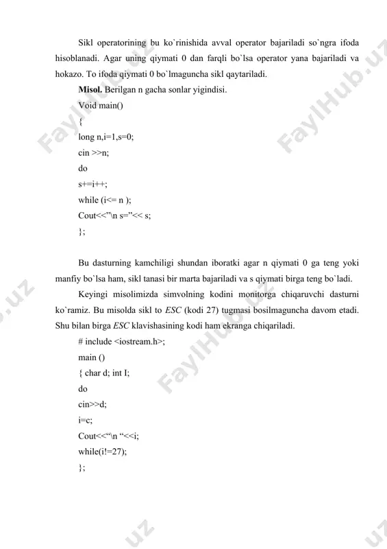 , j, k; m1: cout >n; if (n 0 bo`lishi kerak”; go to m1; } ; m: cout > k; if (k int n, i, j, k; while 1 { cout >n; if (n>0) break; cout 0 bulishi kerak”; } ; int m=0; while m { m=0; cout >(“%f”, k); if (k using namespace std; int main () { double a = 1, b; goto miss; b = 5 * a; miss: b = a + 1 cout using namescape std; int main () { double a= 1, b; nish: b= 5 * a; goto nish ; b = a + 1; cout int main() { int k = 5, l = 3, m = 8; cout = 20){...}. bu yerda {} qavslardagi ifodalar bloki faqat i 10 dan kichkina va l 20 dan katta yoki teng bo`lgandagina ijro ko`radi. and ning (&&) jadvali: ifoda1 ifoda2 ifoda1 && ifoda2 false …