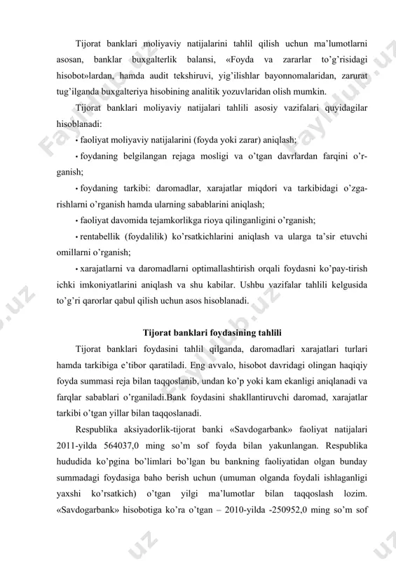 dorlik-tijorat banki «savdogarbank» faoliyat natijalari 2011-yilda 564037,0 ming so’m sof foyda bilan yakunlangan. respublika hududida ko’pgina bo’limlari bo’lgan bu bankning faoliyatidan olgan bunday summadagi foydasiga baho berish uchun (umuman olganda foydali ishlaganligi yaxshi ko’rsatkich) o’tgan yilgi ma’lumotlar bilan taqqoslash lozim. «savdogarbank» hisobotiga ko’ra o’tgan – 2010-yilda -250952,0 ming so’m sof foyda olgan. demak, bank 2011-yilda 2010-yilga nisbatan faoliyatini 2 baravardan ko’proq foyda olish bilan yakunlagan. bularning sababini chuqur o’rganish uchun, daromadlar, xarajatlar tarkibini o’rganish va tahlil qilish zarur (1jadvalga qarang). jadval ma’lumotlaridan, «savdogarbank» foyda summasini qaysi manbalardan ko’paytirganligi, nimalardan xarajatlar ko’payganligi ko’rinib turibdi. bankning foizli daromadlari 2011-yilda o’tgan yilga nisbatan 126,9 % ko’paygan bo’lsa, foizli xarajatlari – ushbu davrda 140,3 foizga ko’paygan. demak, foizli xarajatlarning o’sish (ko’payish) sur’ati juda yuqori, bunday yo’l tutib borilaversa bo’lmaydi. natijada sof foizli daromadlar bo’yicha ko’rilgan natija 2011-yilda o’tgan yilga nisbatan faqat 16,1% ga o’sgan (daromadlar-26,9% o’sganligiga qaramasdan). bank 2011-yilda kreditlar bo’yicha ko’rilishi mumkin bo’lgan …