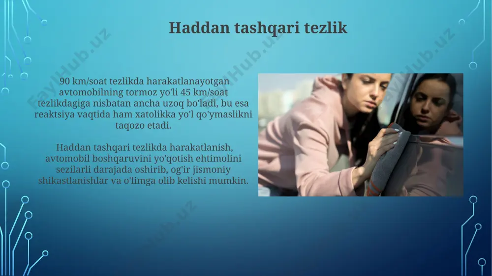 xavfsizlik kamarlarini taqmaganlik 2022 yilgi statistikaga ko'ra, yo'l-transport hodisalarida halok bo'lganlarning 40% dan ortig'i xavfsizlik kamarini taqmagan haydovchilar yoki yo'lovchilar bo'lgan. xavfsizlik kamarlarini taqmaganlik yo'l-transport hodisalarida halokatli jarohatlar olish xavfini 5 barobarga oshiradi, bu esa o'lim yoki nogironlikka olib kelishi mumkin. yo'l belgilarini e'tiborsiz qoldirish йўл белгиларининг масофаси ва тушунарлилиги ҳақидаги тадқиқотлар шуни кўрсатдики, 50% ҳайдовчилар тезлик чеклашлари белгиларини эътиборсиз қолдиришади ва бу йўл-транспорт ҳодисалари сонининг ортишига олиб келади. йўл белгиларини билмаслик ёки уларга эътиборсизлик натижасида йўл-транспорт ҳодисаларида жароҳат олиш ёки ўлим эҳтимоли 2 бараварга ортади, бу эса жиддий оқибатларга олиб келиши мумкин. e'tiboringiz uchun rahmat @taqdimot_robot image3.jpg image4.jpg image5.jpg image6.jpg image7.jpg image8.jpg image9.jpg image10.jpg image11.jpg image12.jpg image13.jpg image14.jpg image2.png