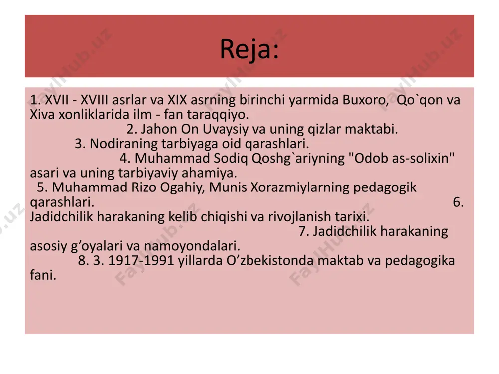 on 1001 ta rabot va sardoba, ko`plab madrasa, masjid, ko`prik, suv omborlari qurdirdi. u yozuvchi, shoir, olimlarni to`plab ularga homiylik qildi. saroy muarrixlaridan hofiz tanish dalillar asosida "abdullanoma" nomli tarixiy asarini yozdi. tibbiyot sohasida sultonali samarqandiy "dastur al-iloj", muhammad yusuf maxxol "zubdat ul-kaxollin" asarlarini, shoir va adiblar bobur, solix, majlisiy, hasan nisoriy, binoiy, vosifiy, ubaydiylar ijod qildilar. bu davrda ko`proq adabiyot, tarix, me’morchilik, tasviriy san’at rivojlandi. ayniqsa, abulg`oziyning "shajarai turk" asari mashhur edi. abdulg`oziy 1645- 1663 yillarda hukmronlik qilgan. xukmdor, olim, tarixchi va adib bo`lgan. u xorazmda ilm-fanni taraqqiy ettirish maqsadida o`z saroyiga binokorlar, tabib, shoir va boshqalarni to`playdi. xonlik tarixini yaratishga kirishadi. "shajarai taroqima" (1661), "shajarai turk" (1664) va tabobatga oid "manofe’ ul-inson" (1644) kabi asarlarni yaratadi. xorazm tarixchilik maktabiga asos soldi. xviii asrda yashab ijod etgan ma’rifatparvarlar orasida sufi ollayor ancha mashhur bo`lib, uning asarlari maktab va madrasalarda o`quv qo`llanmasi sifatida ishlatilgan. u fikxga oid "siroj ul-ojizin", "sabot …