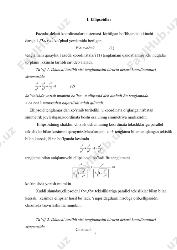 aniqlanuvchi giperbola hosil bo’ladi. bu giperbolaning yarim o’qlari mos ravishda , kattaliklarga tengdir. ta’rif-3. ikkinchi tartibli sirt tenglamasini birorta dekart koordinatalari sistemasida (4) ko’rinishda yozish mumkin bo’lsa , u bir pallali giperboloid deb ataladi.bu tenglamada , munosabatlar bajarilishi talab qilinadi. bir pallali giperboloidning tenglamasidan ko’rish mumkinki, u koordinata tekisliklariga nisbatan simmetrik joylashgan,koordinata boshi esa uning simmetriya markazi bo’ladi. bir pallali giperboloidni tenglama bilan aniqlangan tekislik bilan kessak, har qanday uchun kesimda tenglama bilan aniqlanuvchi ellips hosil bo’ladi.bu ellipsning yarim o’qlari mos ravishda , kattaliklarga tengdir.agar bo’lsa,kesimda eng kichkina ellips hosil bo’ladi.bu ellips bir pallali giperboloidning bo’g’zi deb ataladi. bir pallali giperboloidni , tenglama bilan aniqlangan tekisliklar bilan kessak, mos ravishda va bo’lganda kesimda tenglamalar bilan aniqlanuvchi giperbolalar hosil bo’ladi.bu giperbolalardan birinchisining yarim o’qlari mos ravishda , kattaliklarga tengdir. agar yoki bo’lsa,kesimda mos ravishda va tenglamalar bilan aniqlanuvchi ikkita kesishuvchi to’g’ri chiziqlar hosil bo’ladi.bu faktlarni hisobga olib bir pallali giperboloidni chizmada …
