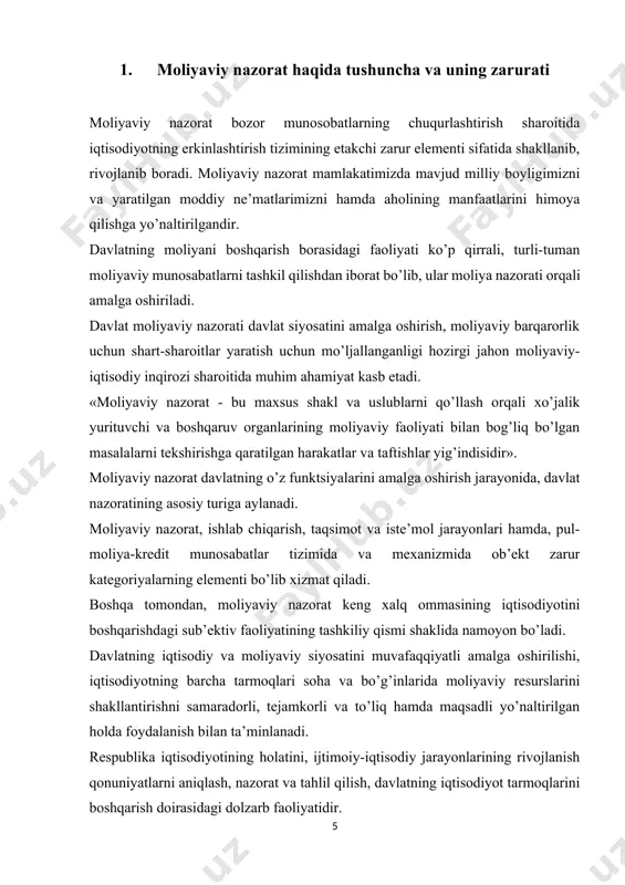 arda moliyaviy nazorat, bir tomondan, o’zaro ta’sircha va ikkinchi tomondan. mustaqil bo’lgan sohaga bo’linadi: · davlat moliyaviy nazorati · nodavlat moliyaviy nazorati. moliyaviy nazoratning davlat va nodavlat sohalari nazoratni amalga oshirish metodlarining o’xshashligiga qaramasdan, o’zlarining pirovard maqsadlari bo’yicha tubdan farq qiladi. davlat moliyaviy nazonatining bosh maqsadi davlat xazinasiga resurslar tushurishni maksimallashtirish va davlat boshqaruv harajatlarini minimallashtirish bo’lsa, nodavlat moliyaviy nazoratning bosh maqsadi joylashtirilgan kapitaldagi foyda normasini oshirish maqsadida davlat foydasiga ajratmalar va boshqa xarajatlarni minimallashtirishdan iborat. 1. davlat byudjeti va davlatning byudjetdan tashqari fondlarining daromad va xarajat moddalarining o’z vaqtida ijro etilishi ustidan nazoratni amalga oshirish; 2. davlat mablag’larini sarflash va davlat mulkidan foydalanish maqsadliligini va samaradorliligini aniqlash; 3. davlat byudjeti va davlatning byudjetdan tashqari fondlari belgilangan ko’rsatkichlaridan chetlanishlarni aniqlash va tahlil qlish; 4. davlat mablag’larining o’zbekiston respublikasi markaziy banki va vakolatli banklardagi harakatining qonuniyligi va o’z vaqtidaligi ustidan nazorat qlish; 5. soliq, bojxona va boshqa to’lovlarning davlat byudjetining daromadlar …