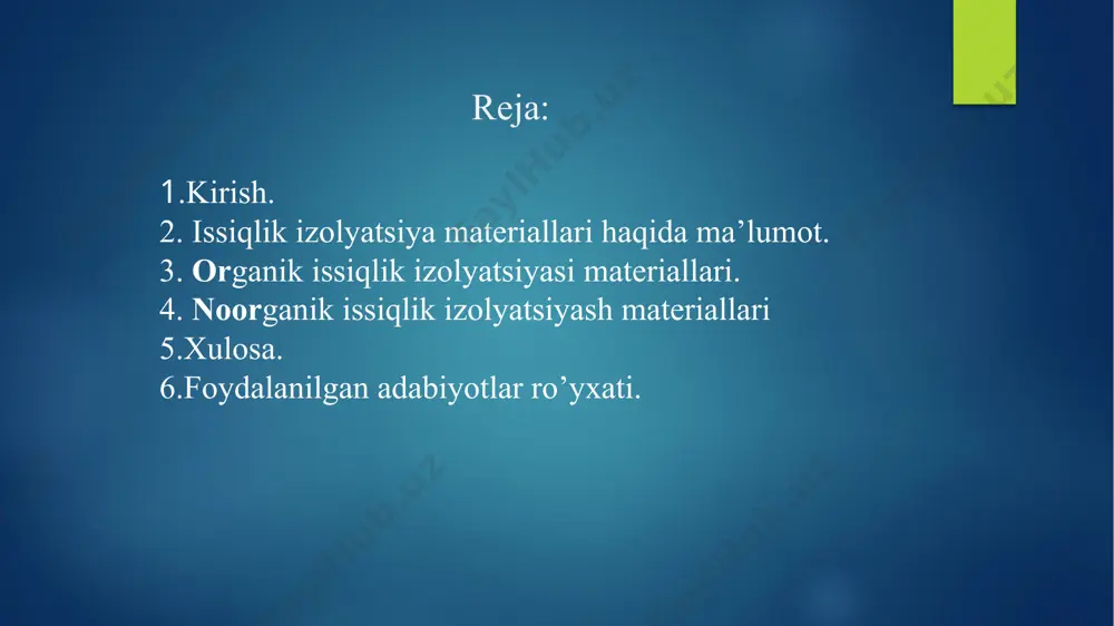 ali beton, ko'pikli shishadan tayyorlangan mahsulotlar) ga bo'linadi. zichlik asosida issiqlik izolyatsiyalash materiallari navlarga bo'linadi: 15, 25, 35, 50, 75, 100, 125, 150, 175, 200, 225,250, 300, 350, 400, 405, 450,. qattiqligiga (nisbiy deformatsiyaga) qarab yumshoq materiallar (m) ajralib turadi - mineral va shisha jun, kaolin va bazalt tolalaridan jun, yarim qattiq (p) - sintetik bog'lovchi ustidagi spatula shisha tolasidan yasalgan plitalar va boshqalar. qattiq (w) - sintetik bog'lovchi ustidagi mineral jun plitalari, qattiqlik (rh), qattiq (t). issiqlik o'tkazuvchanligiga ko'ra issiqlik izolyatsiyalovchi materiallar sinflarga bo'linadi: a - past issiqlik o'tkazuvchanligi 0,06 vt / (m-°c gacha), b - o'rtacha issiqlik o'tkazuvchanligi - 006 dan 0,115 vt / (m- ° s gacha), v - yuqori issiqlik o'tkazuvchanligi - 0,115 dan 0,175 vt / (m ° c gacha). qattiqligiga (nisbiy deformatsiyaga) qarab yumshoq materiallar (m) ajralib turadi - mineral va shisha jun, kaolinva bazalt tolalaridan jun, yarim qattiq (p) - sintetik bog'lovchi ustidagi …