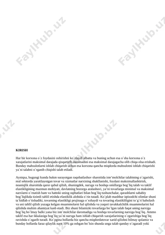 ga bog`liq talab va taklif elastikligining mazmun mohiyati, davlatning bozorga aralashuvi, ya’ni tovarlarga minimal va maksimal narxlarni o`rnatish ham va hattoki uning oqibatlari bilan bog`liq tushunchalar, qarashlarni sababiy bog`liqlikda tizimli tahlil etishda elastiklik alohida o`rin tutadi. ko`plab mashhur iqtisodchi olimlar shuni ta`kidlab o`tishadiki, tovarning elastikligi prujinaga o`xshaydi va tovaring elastikliligini to`g`ri baholash va uni tahlil qilish yuzaga kelgan muammolarni hal qilishda va yuqori tavakkalchilik muammolarini hal qilishda muhim ahamiyat kasb etadi. biz shuni bilamizki tovarlarga bo`lgan talab faqat uning narxiga bog`liq bo`lmay balki yana biz iste`molchilar daromadiga va boshqa tovarlarning narxiga bog`liq. ammo taklif esa har ikkalasiga bog`liq ya`ni narxga ham ishlab chiqarish xarajatlarining o`zgarishiga bog`liq ravishda o`zgarib turadi. ko`pgina hollarda biz qancha miqdordatovar xarid qilishni bilmay qolamiz va bunday hollarda faraz qilaylik narx 10% ga oshgan bo`lsin shunda unga talab qanday o`zgaradi yoki bo`lmasa daromadimiz 5% ga oshganda u qanchaga o`zggarishinihisoblashimizda biz elastiklik tushunchasidan foydalanamiz. ammo bunga faqat iste`molchilar …