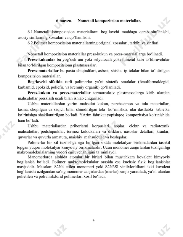 ’siri mavjud emasligi, ulardan yoqilgi baklar ishlab chiqarilishiga sababdir. yaxshi issiqlik izolyasiyasini hamda yuqori zanga chidamliligini ta’minlashda shishaplastikli quvurlar katta ahamiyatga ega. 6-mavzu. nometall kompozitsion materiallar. 6.1.nometall kompozitsion materiallarni bog‘lovchi moddaga qarab sinflanishi, asosiy sinflarning xossalari va qo‘llanilishi. 6.2.polimer kompozitsion materiallarning original xossalari, tarkibi va sinflari. nometall kompozitsion materiallar press-kukun va press-materiallarga bo‘linadi. press-kukunlar bu yog‘och uni yoki selyulozali yoki mineral kabi to‘ldiruvchilar bilan to‘ldirilgan kompozitsionn plastmassalar. press-materiallar bu paxta chiqindilari, asbest, shisha, ip tolalar bilan to‘ldirilgan kompozitsion materiallar. bog‘lovchi sifatida turli polimerlar ya’ni sintetik smolalar (fenolformaldegid, karbamid, epoksid, poliefir, va kremniy organik) qo‘llaniladi. press-kukun va press-materiallar termoreaktiv plastmassalarga kirib ulardan mahsulotlar presslash usuli bilan ishlab chiqariladi. ushbu materiallardan yarim mahsulot kukun, parchasimon va tola materiallar, tasma, chopilgan va saqich bilan shimdirilgan tola ko‘rinishda, ular dastlabki tabletka ko‘rinishga shakllantirilgan bo‘ladi. yarim fabrikat yopishqoq kompozitsiya ko‘rinishida ham bo‘ladi. ushbu materiallardan priborlarni korpuslari, soplar, elektr va radiotexnik mahsulotlar, podshipniklar, tormoz kolodkalari va …
