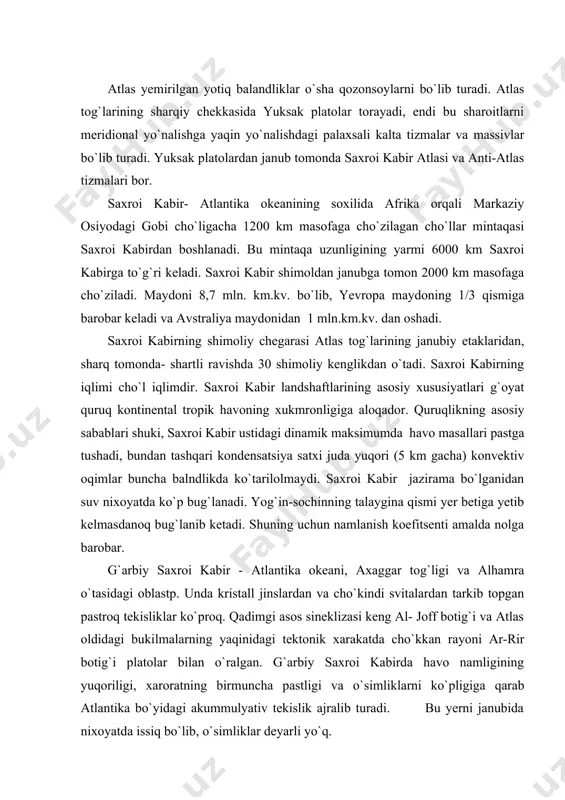 bu yerni janubida nixoyatda issiq bo`lib, o`simliklar deyarli yo`q. markaziy saxroi kabirga axagarr va tibesti tog`liklari hamda ularga shimol va janub tomondan yondashgan rayonlar kiradi. sharqiy saxroi kabirga liviya, arabiston va nubiya cho`llari kiradi. saxroi kabirning boshqa rayonlardan liviya cho`lining farqi shuki, uni vodiylar kesib o`tgan emas. aftidan to`rtlamchi davrning xatto plyuvial eppoxalarida ham liviya cho`li juda quruqligicha qolavergan va unga tibestidan oqib tushgan daryolar qumlarga va shag`al tosh oqiziqlarga singib yo`k bo`lib ketgan. sudan-gvineya o`lkasi. saxroi kabirning janubiy chegaralaridan gvineya qo`ltig`igacha. kongo botig`ining shimoliy chekkasidan balandliklargacha cho`ziladi va saxroi kabir-arabiston platformasining janubiy chekkasini egalaydi: yotiq tektonik bukilmalar va balandliklar bu joy uchun xarakterlidir. sudanda tekislik relyefi umuman past bo`lgani xolda bukilmalar o`rta niger, chad ko`li va oq nilning o`rta oqimi botiqlarida yaqqolroq ko`rinadi, botiqlar to`rtlamchi davrda qum- gil yotqiziqlari bilan to`lgan. janubiy sudanda yog`ingarchilik mavsumi 8-10 oy davom etadi, shu davrda kuyosh ikki marta zenit orqali o`tgani munosabati bilan …