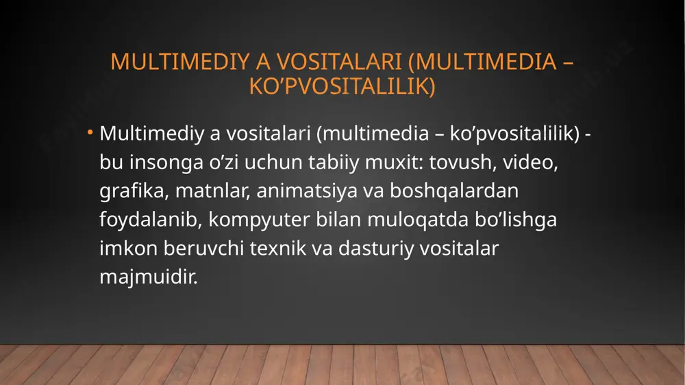 nch xosil qildik. multimedia vositalari asosida o’quvchilarni o’qitish quyidagi afzalliklarga ega: a) berilayotgan materiallarni chuqurroq, va mukammalroq o’zlashtirish imkoniyati bor; b) ta'lim olishning yangi sohalari bilan yaqindan aloqa qilish ishtiyoqi yanada ortadi: v) ta'lim olish vaqtining qisqarish natijasida, vaqtni te jash imkoniyatiga erishish; g) olingan bilimlar kishi xotirasida o’zoq muddat saqlanib, kerak bo’lganda amaliyotda qo’llash imkoniyatiga erishiladi. shuni aytib o’tish kerakki, kadrlarni qayta tayyorlash yo’lida jaxon valyuta fondi, umumjaxon banki, yevropa ittifoki komissiyasi kabi nufo’zli tashkilotlar katta tajribaga egadirlar.biz bunga, ushbu tashkilotlar tomonidan tashkil qilingan semi nar va konferensiyalarning ishtirokchisi sifatida yana bir bor ishonch xosil qildik. avvalombor, o’quv jarayonida zamonaviy kom pyuter texnologiyalaridan foydalanish taxsinga sazovordir. o’z o’rnida, multimedia vositalaridan keng foydalanish yo’lida ayrim ob'yektiv muammolar ham mavjud. bulardan eng asosiysi - o’quvchilar uchun kerak bo’lgan o’quv materiallarini, qonunlarni va boshqa ko’rsatmalarni qo’llanma qilib kompyuter dasturlarini ishlab chiqarishdir. ishlab chiqilgan kompyuter dasturlarida multimedia elementlarini qo’llash esa, kompakt disklarni (lazer …