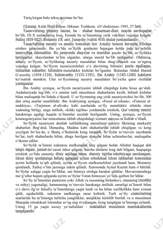 gan. 901-yilda esa ular yamanda davlat hokimiyatini qo‘lga olganlar. zeydilar diniy e’tiqodni amaliy harakat bilan qo‘shishni, erkin fikrlashni, taqdirga ishonishni, qur’onning azaldan mavjudligini, allohning so‘zi ekanini tan oladilar. ular ko‘pincha shia marosimlariga amal qilishadi, o‘z turmush tarziga ko‘ra sunniylarga yaqin turishadi. ismoiliylar sektasi. bu sekta viii asrning ikkinchi yarmida bog‘dod xalifaligida paydo bo‘lgan. mazkur sekta ja’farning o‘g‘li ismoil nomi bilan bog‘liq. ismoiliylar diniy ta’limotida «dunyoviy aql» va «dunyoviy ruh»ga e’tiqod qilish asosiy o‘rin egallaydi. ular turli davrlarda turli xalqlarga payg‘ambarlarning yubori- lishi «dunyoviy aql»ning namoyon bo‘lishi deb hisoblashadi. ular 7 ta payg‘ambarni: odam ato, ibrohim, nuh, muso, iso, muhammad va ismoilni tan olishadi. ularning fikricha imomlar payg‘ambarlarning vorislaridir. xi asrda ismoiliylar turli sabablarga ko‘ra: assasinlar, karmatlar, nizoriylar, mustanmiylar degan sektalarga bo‘linib ketgan. hozirgi vaqtda ismoiliylar o‘rta sharq mamlakatlarida, hindistonda, uganda, keniya, tanzaniya va tojikistonning tog‘li o‘lkalarida mavjud. hindistonning gujrat shtatida tirik xudo ogohonlar faoliyati payg‘ambarlarga mansub. druzlar firqasi ismoiliylardan ajralib …