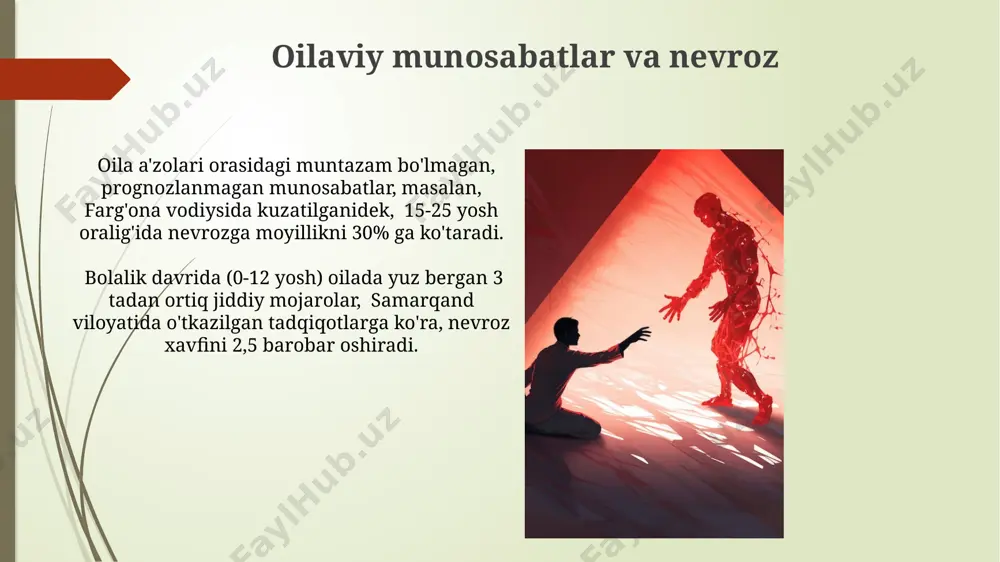 olib kelishi mumkin. ijtimoiy omillar va nevroz 2000-yillardan keyin o'zbekistondagi ijtimoiy-iqtisodiy o'zgarishlar, ya'ni, ishsizlikning oshishi va kambag'allik darajasining yuqoriligi, aholi orasida nevroz kasalliklarining 15% ga oshishiga sabab bo'ldi. toshkent shahrida o'tkazilgan 500 kishilik sotsiologik tadqiqotlar shuni ko'rsatdiki, oilalararo munosabatlardagi muammolar va zo'ravonlik nevroz rivojlanishining 30% ga yaqinini tashkil qiladi. biologik omillar va nevroz genetik moyillik, masalan, 5-httgenining qisqa allellari, depressiya va qo'rquv buzilishlari xavfini 2-3 barobar oshirishi mumkinligi amerika qo'shma shtatlarida o'tkazilgan tadqiqotlarda aniqlangan. o'zbekiston sog'liqni saqlash vazirligi ma'lumotlariga ko'ra, stress va travmatik voqealar, masalan, tabiiy ofatlar yoki shaxsiy yo'qotishlar, nevroz rivojlanishida muhim rol o'ynaydi, bu esa 100000 kishiga 50 dan ortiq holatni tashkil qiladi. e'tiboringiz uchun rahmat @taqdimot_robot image1.jpg image2.jpg image3.jpg image4.jpg image5.jpg image6.jpg image7.jpg image8.jpg image9.jpg image10.jpg image11.jpg image12.jpg image13.jpg image14.jpg image15.jpg