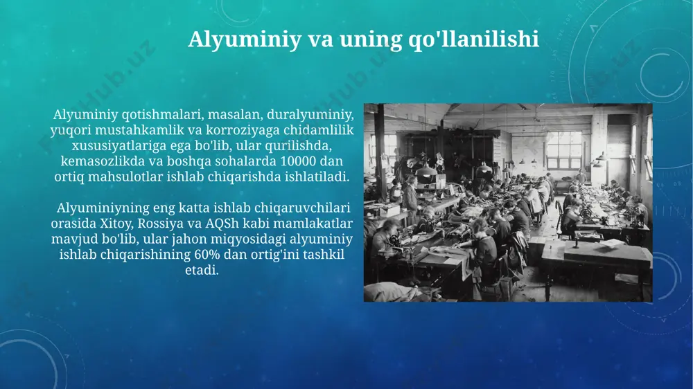 allurgiya usuli bilan, ya'ni kimyoviy eritmalar yordamida boyitiladi va 30% dan yuqori alyuminiy oksidini o'z ichiga olgan alumina olinadi. oltin qazib olishda, masalan, janubiy afrikadagi witwatersrand havzasida, siyanidli leşasyon usuli keng qo'llanilib, 1 gramm/tonna konsentratsiyali rudalardan ham oltin ajratib olinadi. nikel va uning qo'llanilishi taxminan 25% nikel akkumulyatorlar va boshqa energiya saqlash tizimlarida, ayniqsa, elektronika sanoati rivojlangan janubiy koreya va germaniyada qo'llaniladi. nikelning yuqori korroziyaga chidamliligi tufayli, u dengiz suviga chidamli qotishmalarni, masalan, dengiz kemalari va neft platformalarini yaratishda muhim ahamiyat kasb etadi. titan va uning qo'llanilishi titanning korroziyaga chidamliligi tufayli, u tibbiyotda, xususan, sun'iy bo'g'imlar va boshqa implantlarni ishlab chiqarishda, jahon bo'yicha yiliga 100 mingdan ortiq jarrohlik amaliyotlarida qo'llaniladi. titan dioksidi (tio2) pigment sifatida bo'yoqlar, plastiklar va qog'ozlar ishlab chiqarishda ishlatiladi, global miqyosda yillik iste'moli 4 million tonnadan oshadi, bu esa dunyoning ko'plab mamlakatlaridagi kimyo sanoatiga ta'sir ko'rsatadi. magniy va uning qo'llanilishi magniyning eng yirik yetkazib beruvchilari orasida xitoy, …