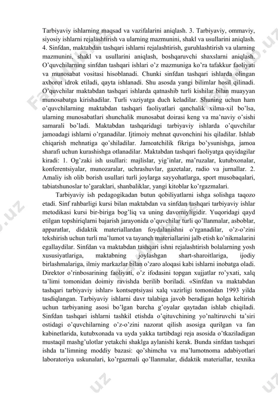 rishi. 2. tanlangan mavzular milliy va umuminsoniy qadriyatlar qamrovida bo’lishi. 3. tarbiyaviy tadbirlar uzviylik qoidasiga amal qilgan bo’lishi. 4. mavzular o’quvchilarning yoshi va bilim saviyasiga mos bo’lishi. tarbiyaviy tadbirlarni rejalashtirishda «milliy istiqlol g’oyasi: asosiy tushuncha va tamoiyllari» dasturi. o’zbekiston respublikasi «kamolot ijtimoiy harakati» dasturi mos qilib olindi. quyidagi keltirilgan reja taxminiy bo’lib, o’z shartsharoitingizga qarab ijodiy o’zgarishlar kiritish mumkin. 1. vatan g’ururi – kamolot mulkining asosi (i-ii sinflar uchun). a) tug’ilgan uy, ko’cha, shahar va o’lkalarining tarixi. b) bir bolaga yetti qo’shni ota-ona ekanligi. v) atrof tabiatidagi o’simliklarning nomi va uni muhofaza qilish. g) o’lka tarixiga oid (tarixiy, obidalar, kimlar yashagan, iqtisodiy boyligi, san’ati va kelajak rejalar) ma’lumotlar. e) kindik qoni to’kilgan joyning tuprog’i aziz hissini singdirish. 2. turmush madaniyati a) sharqona oila. b) ota-ona mehri, ularning borligidan fahrlanish. v) oilada sharqona urf-odatlar, an’analar qonun va qoilalarga amal qilish. g) qariyalar tarixini o’rganish, ularning yaxshi fazilatlari bilan chuqurlashish va g’amxo’rlik …