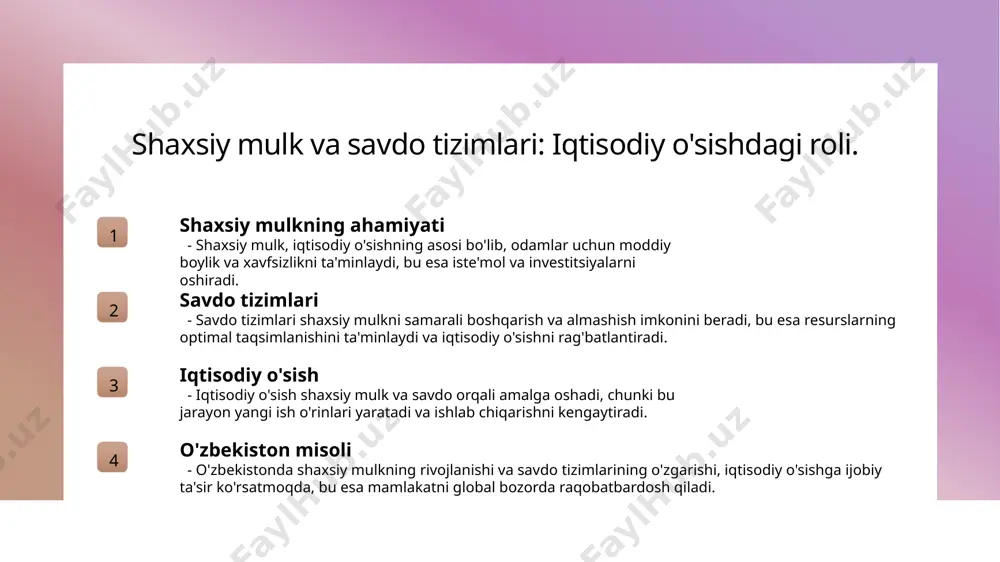 o aloqalar iqtisodiy tizimlar va ijtimoiy tuzilmalar orqali shakllanadi. bu munosabatlar iqtisodiy o'sishni qo'llab-quvvatlaydi. 2 o'zbekistonda tarixiy kontekst o'zbekistondagi mulk huquqlari va savdo tarixiy va madaniy kontekstda rivojlanib, zamonaviy iqtisodiy tizimning asosiy omillaridan biriga aylangan. 3 ijtimoiy mas'uliyat va an'analar shaxsiy mulk va ijtimoiy mas'uliyat o'rtasidagi bog'liqlik o'zbek an'analarida muhim o'rin tutadi, bu esa ijtimoiy barqarorlikni ta'minlaydi. e'tiboringiz uchun rahmat! /docprops/thumbnail.jpeg