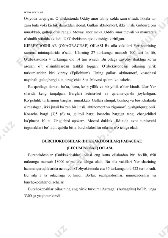 ng yirik turkumi astragal (astragalus) bo`lib, unga 3300 ga yaqin tur kiradi. burchokdoshlar faboideae oilachasi bu oilachaga, ut va lianalar kiradi. barglari oddiy va murakkab. gullari ikki jinsli, zigomorf, kosacha bargi 4-5 ta, gultoji ham 4-5 ta, changchisi 10 ta, shundan 9 tasi qo`shilib o`sgan, bittasi aloxida. bedalar (medicago) turkumi. bedalarga bir yillik, ko`p yillik o`tlar kiradi. o`zbyokistonda 8 turi o`sadi. bedaning bitta -medicaga saliva nomli turi yem-xashak sifatida keng maydonlarga ekiladi. kashkarbeda (melilotus) turkumi. kashkarbeda ikki va bir yillik ut bo`lib, begona ut sifatida ekinlar orasida, tog` yon bag`irlarida o`sadi. uning tarkibida 0,013 efir moyi, 0,4-0,9 kumarin, glikozidlar va alkaloidlar mavjud. xalk tabobatida ishlatiladi. o`zbyokistonda 4 ta turi uchraydi. sebargalar (trifolium) turkumi. ko`p va bir yillik ut bo`lib, o`zbyokistonda 7 ta turi o`sadi. sebargadan yem-xashak sifatida foydalaniladi. u asosan sernam joylarda o`sadi. nuxatlar (cicer) turkumi. bir yillik tok yoki juft patsimon bargli ut o`simliklardan iborat. o`zbyokistonda bitta madaniy va …
