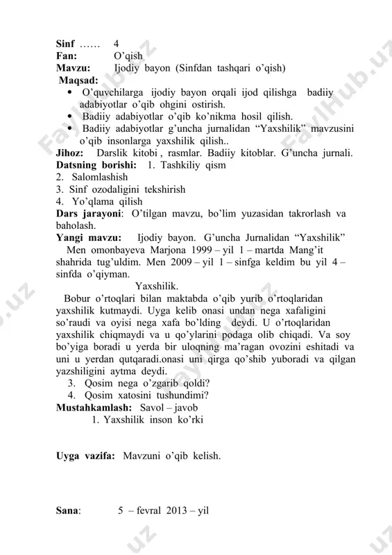 gaydigan songa ko’paytirishni tusintirish. · nol bilan tugaydigan sonlarni yechishda ko’nikma hosil qilish. · nol bilan tugaydigan sonlar ustida amollarni bajarish.. jihoz: darslik kitobi , docka bo’r, ko’paytirish jadvali, ko’rgazma, kartochkalar. datsning borishi: 1. tashkiliy qism 2. salomlashish 3. sinf ozodaligini tekshirish 4. yo’qlama qilish dars jarayoni: uy vazifasini so’rash, 19 – 20 – masqlarni yechish va baholash. yangi mavzu: nollar bilan tugaydigan sonlarga ko’paytirish. 506 – misol 6 ∙ (5 ∙ 4) = 6 ∙ 20 = 120 6 ∙ (5 ∙ 4) = (6 ∙5) ∙4 = 30 ∙ 4 = 120 6 ∙ (5 ∙ 4) = (6 ∙ 4) ∙ 5 = 24 ∙ 5 = 120 507 - misol 17 ∙ (10 ∙ 2) = 17 ∙ 20 = 340 25 ∙ (2 ∙ 4) = 25 ∙ 8 = 200 mustahkamlash: savol javob uyga vazifa: 510 – 511 – misollar sana: 6 – fevral …
