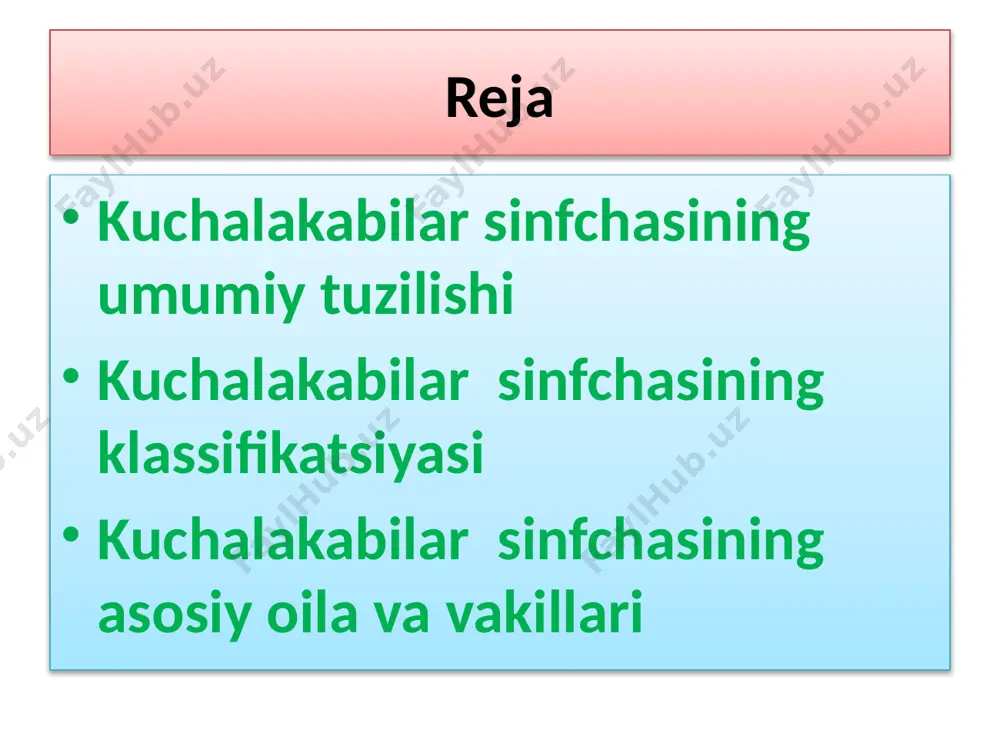 rida sernam joylarda o’sadi. dorivor o’simlik. igirdoshlar-acoraceae oilasi igirdoshlar-acoraceae oilasi poyabargdoshlar-lemnaceae oilasi bu oila vakillari guli o’simliklar orasidagi eng kichigi hisoblanadi. uning poyasi, bargi yaxshi taraqqiy qilmagan. ular sekin oqadigan suvlarda o’sadi. guli ayrim jinsli. gulqo’rg’oni yo’q. changchisi 1 ta yoki 2 ta. asosan vegetativ yo’l bilan ko’payadi, urug’i suv ostida yetiladi. bu oilaga 6 ta turkumga oid 6 ta tur kiradi. o’zbekistonda bitta turkumga mansub 3 ta turi o’sadi. poyabarglar suvda yashovchi parrandalar uchun ozuqa hisoblanadi. bundan tashqari uy hayvonlarini boqishda yem- xashak sifatida ham ishlatiladi. poyabargdoshlar-lemnaceae oilasi poyabargdoshlar-lemnaceae oilasi qo’q’anamolar -typhales qabilasi. qabila 2 ta oilani o’z ichiga oladi. qo’q’adoshlar-typhaceae oilasi. oilaga bo’yi 2 metrgacha yetadigan ko’p yillik o’tlar kiradi. ildizpoyasi yo’gon, suvli muhitda, ayniqsa, botqoqliklarda o’suvchi, barglari uzun, lentasimon o’simlik. oilaga bitta turkum va 15 ta tur kiradi. bizda qo’g’a (typha) turkumiga kiruvchi 6 ta tur o’sadi yer yuzida keng tarqalgan. gullari mayda, bir jinsli, gulqo’rg’onsiz, boshoqsimon …