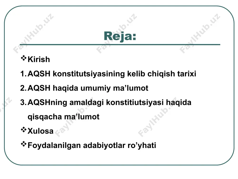 abul qilishdi. uni 13 ta shtat tan olishi kerak edi. ba’zilar konstitutsiya har bir shaxs huquqlarini himoya qilishga qodir emas, deb hisoblagani uchun shtatlar konstitutsiyaga shaxsiy huquqlar ro’yxati qo’shilsagina uni qabul qilishga kelishishdi. konstitutsiya 1789-yilda barcha shtatlar tomonidan qabul qilindi. shaxsiy huquqlar ro’yxati “huquqlar to’g’risidagi bil” nomi bilan mashhur bo’lib, 1791-yilda konstitutsiyaga ilova qilingan. konstitutsiyaga kiritilgan o’zgartirishlar to’g’irlashlar deb nomlanadi. konstitutsiyaga kiritilgan ilk o’nta to’g’irlash “huquqlar to’g’risidagi bil” nomi bilan tarixga kirgan. aqsh konstitutsiyasining kelib chiqish tarixi amerika qo’shma shtatlarida mamlakatni qonunlar boshqaradi. davlat xizmatchilari qarorlarni ushbu qonunlar asosida chiqaradi. konstitutsiya “mamlakatning oliy qonuni” sifatida mashhur va har bir fuqaro, davlat xizmatchilari va har bir qabul qilingan qonun konstitutsiya prinsiplarini qo’llab-quvvatlashi kerak. qonun oldida barcha barobar. federal organlar vakolati cheklangan. konstitutsiya tomonidan federal hukumatga to’g’ridan to’g’ri taqdim etilmagan vakolatlar shtatlarga tegishli vakolatlar hisoblanadi. “biz, aqsh xalqi” – aqsh konstitutsiyasining ilk so’zlari hisoblanadi. konstitutsiya nima uchun konstitutsiya yaratilganligi va u o’z …
