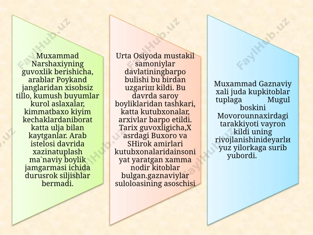 ga edi. bu davrda o`rta osiyoning yirik shaxarlari: far\ona, buxoro, qo`kon, toshkentda va boshqa shaxarlarda kitob ixlosmandlari bo`lib ular juda katta mabla\ sariflab butun umrnodir qo`lyozmalar yiqqanlar. masalan toshkentda jo`rabekning shaxsiy qo`lyozmalar kollektsiyasi mashxur edi. boqijon boy, qozi muxiddin,andijondagi dukchi eshon kutubxonalari,buxoroda yashagan kozi sharifjon maxsum ziyoni kutubxonasi va undagi qo`lyozmalar nodirligi va qadimiyligi bilan mashxur edi shunday qilib yuqoridagi fanlar asosida shunday xulosaga kelish mumkinki urta osiyo diyorida moddiy va ma`naviy yodgorliklarni tuplash asriy an`ana bulib milliy xususiyatlarga, islom dini urf-odatlariga rioya kilgan xolda amalga oshirilgan urta osiyolik buyuk allomalarning komusiy shox asarlari xii-asrdanovrupo mamlakatlarida lotin tiliga tarjima qilib dunyo fani rivojiga katta xissa qo`shdi. sharq mamlakatlarida esa bu shox asarlar kutubxona olish fondiga aylandi. kelajag avlod uchun avaylab saqlandi. qadimdan ovropalik olimlar xukumdorlar o`rta osiyo xonlarini tarixi,madaniyati va modiy yodgorliklarini egallashga xarakat qilardilar keyingi davrga kelib o`rta osiyodagi faqat erli mualliflarining qo`lyozmalari emas, balki sharqdagi daxolarining kamlarigina ma`lum, …