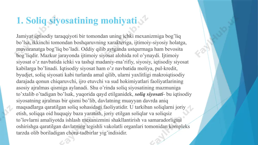ishlaridan kelib chiqqan holda soliq siyosatining turli usullaridan foydalanadi. soliq siyosati iqtisodiy va moliyaviy siyosatning tarkibiy qismi bo’lganligi bois davlatning iqtisodiy va moliyaviy siyosatining usul va shakllaridan kelib chiqqan holda namoyon bo’ladi. soliq siyosatining quyidagi shakllari mavjud (5.1.1-chizma). soliq siyosatining yana bir shakli iqtisodiy rivojlanishga qaratilgan soliqlarhisoblanib, davlat bunday soliq siyosati orqali soliqlarning nafaqat fiskalligini, shuning bilan birgalikda soliq to’lovchilar manfaatlarini ham hisobga oladi. bunday sharoitda davlat birinchi navbatda o’z xarajatlarini, ayniqsa ijtimoiy xarajatlarni qisqartiradi. bunday siyosatdan ko’zlangan asosiy maqsad, ushbu soliq siyosati shaklida ifodalanganidek, qulay soliq muhitini yaratish orqali investitsion faollik rag’batlantiriladi va kapital jamg’arish imkoniyatlari kengaytiriladi. bunday soliq siyosati xx asrning 80-yillarida aqshda samarali joriy etildi va "reyganomika" nomini oldi. soliq siyosatining uchinchi shakli oqilona soliqlar hisoblanib, birinchi va ikkinchi shakllar o’rtasidagi shakl hisoblanadi. ushbu soliq siyosatining mohiyati shundan iboratki, yuridik va jismoniy shaxslarga yuqori soliqlar o’rnatilishi bilan bir vaqtda fuqarolarning ijtimoiy himoyasi ham kengaytiriladi, davlatning ijtimoiy dasturlari …