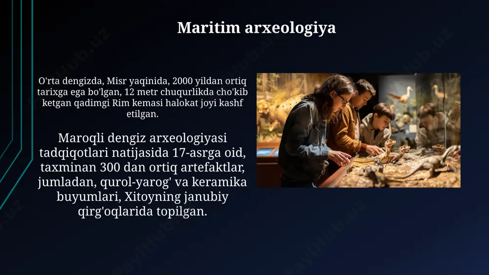 a bir-birini almashtirgan turli xalqlarning yashashini tasdiqlaydi. qazish usullari, masalan, stratigrafiyaning aniq qo‘llanilishi orqali miloddan avvalgi 2000 yildagi marg‘ilon shahri haqida muhim ma’lumotlarni olish imkonini berdi. tarixiy arxeologiya tarixiy arxeologiya usuliy jihatdan hujjatlar tahlili, epigrafika va antropologiya kabi boshqa fanlar bilan chambarchas bog'liq holda 3-4 ming yillik tarixni o'rganishga imkon beradi. tarixiy arxeologiya o'rta osiyoda, xususan, samarqand va buxoro kabi shaharlarning 10-15-asrlarga oid arxitekturasi va materiallari bo'yicha keng ko'lamli tadqiqotlar olib boradi. bioarxeologiya bioarxeologiya inson qoldiqlarini, masalan, 3000 yildan ortiq qadimgi misr mumyalarining dnk tahlillari orqali o'rganadi va ularning genetik tarixini aniqlashga yordam beradi. bioarxeologiya, masalan, 10 000 yildan oshiq vaqt oldin yashagan sibir aholi guruhlarining kasalliklari haqida ma'lumot olish uchun suyak to'qimalarining izotop tahlillaridan foydalanadi. arxeologiyaning asosiy maktablari angliya va aqshdagi jarayonli arxeologiya maktablari 1960-yillardan boshlab, qazish ishlari natijalarini statistik tahlil qilish va kompyuter modellashtirish kabi kvantitativ usullarni qo'llagan. fransiyadagi "eski tosh davri" arxeologiyasi, 19-asr o'rtalarida boshlangan bo'lib, paleolit …