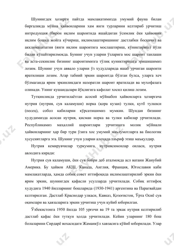 иб, ташқи кўриниши жиҳатдан каттакон кала мушга ухшайди. бу ҳайвон нутрия ёки маҳалий тилда баъзан сув бобри номи билан аталиб келинмоқда. танасининг узунлиги 50-65 см, оғирлиги 4-5 кг, айримлари 80 см. гача узунлик ва 10 кг гача хатто 15-16 кг тирик вазнига эга бўлади. эркаклари урғочилардан бироз 10-15% оғир ва йирикроқ бўлади ва узунлиги 90 см етади. орқа оёқларидаги 4 та бармоқ сузгич пардалар билан бирлашган. тумшуғи япалоқ, узун-узун мўйловлари сезги туклари бор. думи 30-35 см бўлиб, тук-кулранг тангачалар билан қопланган ёки сийрак соч толалар бўлади. нутрия табиий шароитда ботқоқлик ва сув хавзаларида яшайди. у сувда ўсадиган ўсимликлар илдизи билан озиқланади. улар ярим эркинликда урчитилганда қиш кезлари маккажухори, сули, арпа, хашаки лавлаги, сабзи, хашак билан, ёз кезлари эса, ут, лавлаги ва сабзи палаги, қовун, торвуз кабилар билан боқилиши мумкин. қуёш чиқишдан олдин, эрта сахарлаб кўл сохилининг маълум жойларига овқат қуйиб чиқилади. овқат бериш билан бирга, одатда қўғгироқ чалиб турилади, бунга …