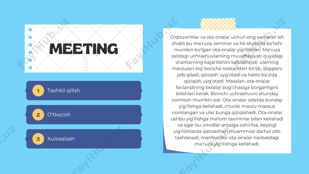sida" gi qonuni birinchi navbatda oila uchun bolaning shaxsiyatini rivojlantirish, uning jismoniy va axloqiy salomatligini saqlash va mustahkamlash kabi ikki tomonlama vazifani qo'ydi. ushbu muammoni har kuni, soatlik, har daqiqada hal qilish kerak. hamma ota-onalarning asosiy va eng keng tarqalgan shakllaridan biri bu ota onalar majlisi. tashkiliy dolzarb tematik yakuniy your brand 1 2 3 your competitor your competitor your competitor https://fayllar.org/1-manaviyat-haqida-umumiy-tushuncha.html 1-bosqich ushbu bosqich, shubhasiz, uchrashuv kun tartibini belgilash va barchani ishtirok etishga taklif qilish bilan boshlanadi. uchrashuvni tayyorlashda siz ota-onalarning tashrifini tashkil qilish haqida o'ylashingiz kerak. amaliyot shuni ko'rsatadiki, ishning bu qismi muhim ahamiyatga ega. ota-onalar yig'ilishini kutish muhitini yaratish juda muhim: ota-onalarni oldindan taklif qiling, shaxsiy taklifnomalarni yuboring, bolalar bog'chasidagi bolalar hayotini yoritadigan albomlar va videofilmlarni tayyorlang. farzandlari tanlov va ko'rgazmalarda qatnashgan ota-onalarga oldindan minnatdorchilik xatlari tayyorlang. tayyorgarlik bosqichlarining tashkiliy qismi unda ota-onalar yig'ilishini o'tkazish uchun binolarni loyihalash bilan yakunlanadi. cia rodriguez ceo 2-bosqich stsenariy va uchrashuvni …