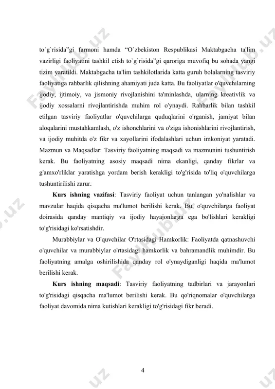 ib, ularni muntazam ravishda ta’lim jarayoniga tayyorlash, bolalarning tafakkurini rivojlantirish, o‘zining fikrini mustakil va erkin ifodalash malakalarini shakllantirish, bolalarning jismoniy va ruhiy sog‘ligini ta’minlashdan iborat. asosiy maqsadlardan yana biri zamonaviy tasviriy san’at orqali bolalardagi qobiliyat hamda imkoniyatlarni aniqlab, ularni to‘g‘ri shakllantirish va yuzaga chiqarishdir. tasviriy san’atning o‘ziga xos murakkabliklarini tushunib, uning nozik qirralarini maktabgacha yoshdagi bolalarga ulashish mahoratiga ega bo‘la oladigan tarbiyachilarni yetishtirib chiqarish vazifasi turibdi. maktabgacha ta’lim muassasalarida tasviriy faoliyat vositasida bolalarning estetik qobiliyatlarini shakllantirishda tarbiyachining o‘rnibeqiyos. u chuqur bilim va yuqori malakaga ega bo‘lishi, buning uchun muntazzam ravishda o‘z ustida ishlashi, o‘zining ilmiy nazariy saviyasini tinimsiz ko‘tarishi, ilg‘or tajribalarga tayanishi kerak. davlat umumilliy dasturi ta’lim tizimini tubdan isloh qilish, uni ham shaklan, ham mazmunan zamon talablariga moslashtirish, ta’lim sifatsamaradorligini uzluksiz takomillashtirib borishga yo‘naltirildi. тasviriy faoliyati bo‘yicha maktabgacha ta’lim muassasasi dasturi va maktabda tasviriy san’at dasturi bolalarda tevarak atrofga nisbatan, san’at bolalarda estetik munosabatni tarbiyalash ijodiy qobiliyat va tasvirlashlarini …
