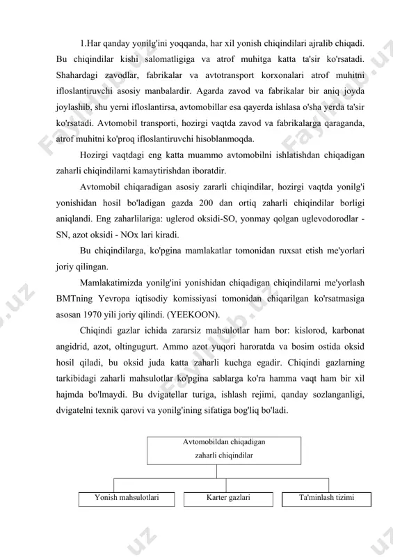 xil hajmda bo'lmaydi. bu dvigatellar turiga, ishlash rejimi, qanday sozlanganligi, dvigatelni texnik qarovi va yonilg'ining sifatiga bog'liq bo'ladi. avtomobildan chiqadigan zaharli chiqindilar yonish mahsulotlari karter gazlari ta'minlash tizimi benzobakdan karburatordan yonilg'i bilan to'ldirilayotganda dizel dvigatel, korbyuratorli dvigatelga qaraganda kamroq zararli bo'ladi. so, nox va sn dizel dvigatellarini ishlashida kamroq ajralib chiqadi, ammo qurumning hajmi ko'proq bo'ladi. buni quyidagi jadvalda ko'rish mumkin. kompleks ko'rsatgich chiqindi gazlarini neytrallash uchun qancha hajmda toza havo zarurligini ko'rsatadi. quyidagi jadvalga asosan dizel dvigatellari korbyuratorli dvigatellarga qaraganda ancha zararsiz ekanligini ko'rish mumkin (33% kamroq zararli). chiqindi gazlar tarkibi quyida ko'rganimizdek 2 xil dvigatel uchun bir xil, ammo biz karburatorli dvigatellarda qo'rg'oshin birikmasi va dizel dvigatellarda bariy birikmasi borligini e'tibordan chiqarmasligimiz zarur. bu birikmalar quyidagicha hosil bo'ladi: - benzinlarni antidetanatsion xossasini oshirish uchun etil spirt qo'shish natijasida (bu spirtda qo'rg'oshin bor), - dizel yonilg'isini tutashini kamaytirish uchun tutunga qarshi maxsus bariy moddasi qo'shiladi va u dvigatelni ishlash …