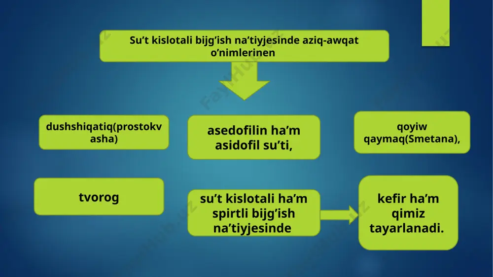 lawda su’ttin’ quramina su’t kislotasin payda qiliwshi bakteriyalardin’ taza kulturasi ha’m qimizdin’ ashitqilari qosilip uyitiladi. qimiz joqari bahali aziq-awqat o’nimi esaplanip, koplegen keselliklerdin’ aldin aliw ushin ha’m emlew maqsetinde isletiledi. qimiz tayarlaw ushinisletiletug’in baytaldin’ su’ti sapasi jag’inan jaqsi kislotali 70, taza ha’r qiyli sirtqi da’mge ha’m iyiske iye bolmawi kerek. qaymag’i aling’an ha’mde pasterizatsiya qiling’an siyirdin’ su’tinen de qimiz tayaralaw mu’mkin. qimizdin’ quramindag’i may 1 %, kislotalig’i 60-1200 t ha’m alkogol 1 den 3 % ke shekem boladi. bul ko’rsetkishler qimizdin’ jetilisiwine baylanisli, yag’niy jetilisiwi 5-6 saattan 2 sutkag’a shekem dawam etiwi mu’mkin.jaqsi sipatli qimizdin’ ren’i su’tke uqsas aq, konsistensiyasi ayrang’a uqsas bolip, gaz pufakchalari boladi. itibarińız ushin raxmet!!! image6.png image7.jpeg image8.png image9.png image10.png image11.png image12.png image13.png image14.png image15.png image16.png image17.png image2.png image3.png image4.png image5.png