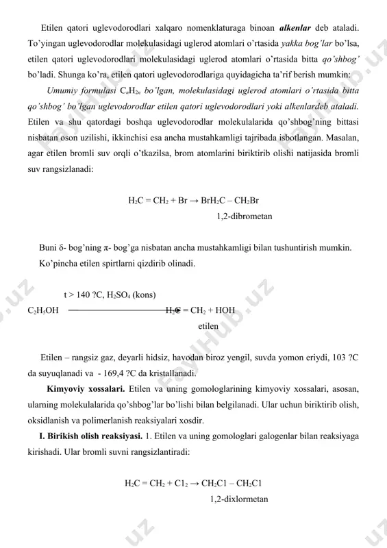 an 3. etilen sulfat yoki ortofosfat kislota va katalizatorlar ishtirokida suvni biriktiradi (gidratatsiya reaksiyasi): t,p katalizator h2c = ch2 + hoh ch3 – ch2 – oh etilen etil spirt bu reaksiyadan sanoatda etil spirt olishda foydalaniladi. 4. etilen va uning gomologlari vodorod galogenidlarni ham biriktiradi. etilen yorug’ alanga berib yonib, uglerod (iv) oksid va suv hosil qiladi: c2h4 + 3o2 → 2co2 + 2h2o ishlatilishi. etilen etil spirt, polietilen olishda ishlatiladi. u issiqxona havosiga ozroq miqdorda qo’shilganda mevalarning (pomidor, sitrus mevalar va b.) yetilishini tezlashtiradi. etilen va uning gomologlaridan ko’pchilik organik moddalarni sintez qilish uchun kimyoviy xomashyo sifatida foydalaniladi. etilxlorid tibbiyotda mahalliy tinchlantiruvchi vosita sifatida ishlatiladi. asetilen qatori uglevodorodlari. asetilenning olinishi va ishlatilishi asetilen qatoridagi uglevodorodlar molekulasida uchlamchi bog’ bo’ladi. ularda metan qatorining ayni uglevodorodlariga nisbatan 4 ta vodorod atomi, etilen qatoridagiga nisbatan 2 ta vodorod atomi kam. ushbu qator uglevodorodlarining birinchi vakili asetilen bo’lib, uning tuzilishi hc ≡ ch …