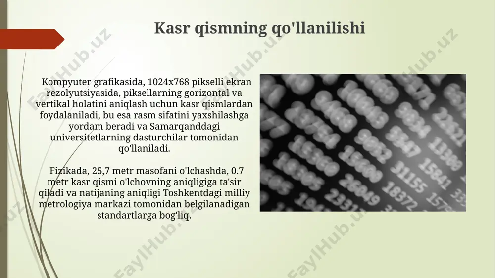 g butun qismi bo'lib, bu funksiya 5 dan 10 gacha oralig'ida davriy xususiyatga ega kasr qismli yig'indilar 1/7, 2/7, 3/7 kabi kasrlarning kasr qismlari davriy o'zgaradi. bu davriylik xususiyati xorazm viloyatida o'tkazilgan matematik tadqiqotlarda kuzatilgan. kasr qismli yig'indilarni hisoblashda, masalan, 2.75 va 3.12 sonlarining kasr qismlarini qo'shsak, 0.75 + 0.12 = 0.87 natijasini olamiz. bu samarqanddagi olimlar tomonidan o'rganilgan usullardan biri hisoblanadi. kasr qism funksiyasi kasr qism funksiyasining davriyligi xususiyati, ya'ni f(x+n) = f(x) (bu yerda n butun son) samarkand shahridagi universitetlarning matematika fakultetlarida 5-kurs talabalariga chuqur o'rganish uchun taklif etiladi. toshkentdagi oliy matematika institutida o'qitiladigan kurslarda, kasr qism funksiyasining xossalari va uning 7-bobda keltirilgan integral hisoblashdagi qo'llanilishi batafsil o'rganiladi. kasr qism va chegara tushunchasi haqiqiy sonlar to'plami r da har qanday x soni uchun kasr qismi {x} funksiyasi period 1 ga ega bo'lib, ya'ni {x+1} = {x} tenglamasi bajarilishi mumkin. bu xususiyatni samarqand davlat universitetida o'qitilgan tahliliy geometriya kursida …