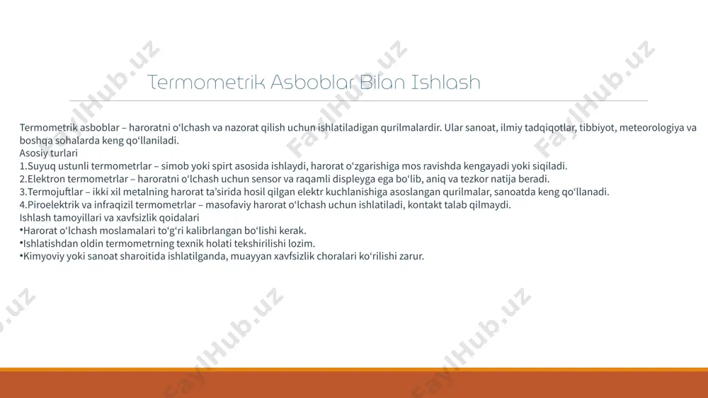 5-10 minut kutish kerak simobli termometrni sindirib qoldirish xavfli, chunki simob zaharli. agar simob tushsa, uni ehtiyotkorlik bilan yig'ib, maxsus idishga joylashtirish kerak. spirtli termometrlar spirtli termometrlar simobli termometrlarga nisbatan xavfsizroq, chunki ular zaharli emas. ular maishiy va laboratoriya sharoitida keng qo'llaniladi. 4 raqamli termometrlar bilan ishlash kontaktli termometrlar kontaktli termometrlar tana haroratini o'lchash uchun og'iz, qo'ltiq osti yoki rektal joyga joylashtiriladi. ular shuningdek, atrof-muhit haroratini o'lchash uchun ham ishlatiladi. infraqizil termometrlar infraqizil termometrlar peshona yoki boshqa yuzalarga masofadan haroratni o'lchaydi. ular tezda o'lchashga imkon beradi va gigienik hisoblanadi. 5 bimetall termometrlar 1 bimetall termometrlar ikki xil metallning kengayish farqiga asoslangan. 2 ular sanoat, oziq-ovqat sanoati va boshqa sohalarda haroratni o'lchash uchun ishlatiladi. 3 bimetall termometrlar vaqt o'tishi bilan kalibrlanishi kerak. kalibrlash usullari orasida muz nuqtasi, qaynash nuqtasi va standart termometr bilan solishtirish usullari mavjud. 6 gazli termometrlar gazli termometrlar yuqori aniqlikka ega va ilmiy tadqiqotlar va standartlarni belgilashda qo'llaniladi. …