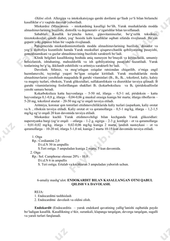 iya, pulsning to‘lishgan va kuchli to‘lqinli bo‘lishi, yurak sohasida og‘riq, yurak urishlarining kuchayishi va ba’zan to‘rtkili bo‘lishi, yurak tonlarining, asosan 1-tonning kuchayishi, arterial bosimning oshishi va qon harakatining tezlashishi kabi asosiy belgilar kuzatiladi. ekg da r, r va asosan t tishlarning kattalashishi, r q va q t oraliqlarning qisqarishi va ba’zan s t bo‘lagining joyidan qo‘zg‘alishi va ekstrasistoliya kuzatiladi. kasallikning ikkinchi davrida, ya’ni miokardda distrofik va degenerativ o‘zgarishlar paytida yurak-qon tomir etishmovchiliklari (hansirash, ko‘karish, shish, aritmiya paydo bo‘ladi. aritmiyaning qorinchalar ekstrosistoliyasi, bo‘lmachalar qaltirog‘i, gissa tuguni oyokchalarining qamali kabi turlari kuzatiladi. puls kichik va to‘lishmagan bo‘ladi. yurak urishlari susayadi, 1-ton kuchayadi va ba’zan ikkiga bo‘linadi yoki biroz cho‘zilgan bo‘ladi. ikkinchi ton susayadi. taxikardiya va miokardning qisqaruvchanlik qobiliyatining susayishidan har bir sistola paytida aortaga haydalayotgan qonning miqdori kamaya boradi va arterial bosim pasadi. kuchli destruktiv o‘zgarishlar oqibatida «tuyoq dupuri» ritmi, embriokardiya yoki ikkala tonning ham birdaniga susayishi va past eshitilishi kuzatiladi. qorinchalar …