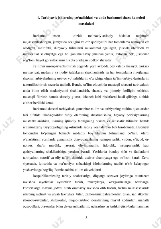 hlarning uyg‘un rivoji uchun yaratilayotgan sharoitlardandir. tarbiyaviy maqsad – aniq o‘lchamli ishlarga oid vazifalarni belgilab beradi. har bir ishda asosiy g‘oya, yo‘nalish (aqliy, jismoniy, mehnat tarbiyasi va boshqalar) ajralib turadi. tarbiyaviy maqsadni belgilash bosqichida pedagogning vazifasi professor-o‘qituvchilarning murabbiylik faoliyatini asosiy maqsadga yo‘naltirish, tarbiyalanuvchilarning muayyan ta’sir tizimini qabul qilishga tayyorgarlik darajasiga tashxis qo‘yishdan iboratdir. barkamol shaxs tarbiyasi – shaxsni ma’naviy-ahloqiy shakllantirish, vatan mustaqilligi mustahkamlash, jamiyat va davlat manfaatlariga xizmat qiluvchi, intellektual salohiyatli, erkin fikrlovchi shaxslarni tarbiyalashga qaratilgan tarbiyaviy jarayonlar majmuasidir. ma’naviy-ahloqiy tarbiyaning asosiy maqsadi – davlat va jamiyatga xizmat qiluvchi, vatanga fidoiy, ahloqiy barkamol intellektual kadrlarni tarbiyalab voyaga yetkazishdir. tarbiyaviy jarayonni ta’lim muassasasida shakllantirishda muhitni qayta shakllantirish va rivojlantirishni, «oila-ta’lim muassasasi-mahalla» hamda «tarbiya-muhit» uzviyligining mazmun va mohiyatan birligini mustahkam asoslarda ta’minlash kerak. buning uchun milliy ma’naviyat tushunchasi, shaxs ma’naviyati va umuminsoniy qadriyatlar haqida batafsil ma’lumotga ega bo‘lmog‘imiz zarur. 1. milliy ma’naviyat tushunchasi. “millat” so‘zi tub mohiyat, o‘zak, negiz degan ma’nolarni bildiradi. …