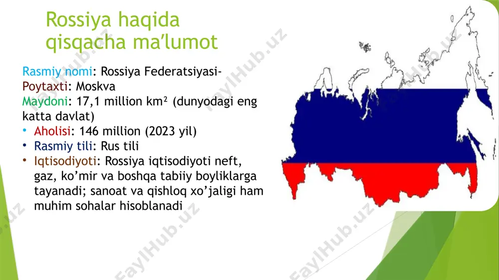 adan avtomobilsozlik, samolyotsozlik, qishloq xo’jaligi mashinalari ishlab chiqarish, qurilish texnikasi va boshqa sanoat tarmoqlari uchun mashinalar. asosiy sanoat mahsulotlari energiya resurslari: neft va gaz, ko’mir, yadro energiyasi metallurgiya sanoati: temir va poʻlat, alohida metal va qotishmalar kimyo sanoati: kimyoviy oʻgʻitlar, plastik va sintetik materiallar, farmatsevtika mashinasozlik sanoati: avtomobillar, mashinani texnikaviy uskunalari qishloq xoʻjaligi sanoati: oziq-ovqat mahsulotlari, dengiz mahsulotilari xulosa rossiya iqtisodiyoti katta tabiiy resurslarga (neft, gaz, metall, minerallar) ega bo‘lib, global energiya bozorlarida muhim o‘rin tutadi. biroq, iqtisodiyotning yuqori darajadagi tabiiy resurslarga qaramligi, sanksiyalar, va iqtisodiy islohotlar yetishmasligi kabi omillar uni barqaror o‘sishdan cheklab turadi. so‘nggi yillarda rossiya iqtisodiyoti sanksiyalar, xalqaro bozorlarning beqarorligi, va demografik muammolar (aholi kamayishi, ishlovchi kuchning qisqarishi) kabi qiyinchiliklarga duch kelmoqda. shu bilan birga, sanoat va texnologiyalarni modernizatsiya qilishga bo‘lgan ehtiyoj katta, chunki innovatsion va yuqori texnologiyalarni rivojlantirmaslik iqtisodiy o‘sishni sustlashtiradi. natijada, rossiya iqtisodiyoti, qisqa muddatda tabiiy resurslar eksportidan daromad olishga qodir bo‘lsa-da, uzoq muddatda diversifikatsiya …