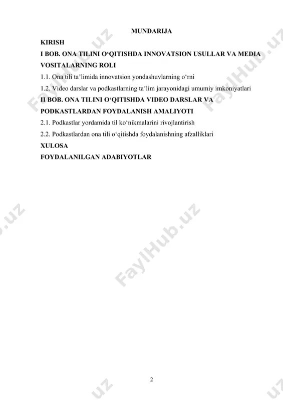 baholovchi subyekt sifatida shakllanishi zarur. video darslar va podkastlar esa aynan shu maqsadga xizmat qiluvchi vositalardir. ular yordamida o‘quvchi o‘zining idrokiga qulay bo‘lgan uslubda — eshitish, ko‘rish yoki harakat orqali bilim oladi. bugungi kunda o‘zbekiston ta’lim tizimida bosqichma-bosqich amalga oshirilayotgan raqamlashtirish siyosati, maktablar va oliy o‘quv yurtlarida masofaviy va aralash ta’lim shakllarining joriy etilishi, o‘qituvchilarning media pedagogik kompetensiyalarini rivojlantirish bo‘yicha amaliy ishlar olib borilmoqda. shu boisdan, bu kurs ishida ko‘tarilgan mavzu – video darslar va podkastlar orqali ona tilini o‘qitish – ayni zamonaviy pedagogikaning talablariga to‘liq javob beradi. video darslar – bu o‘z ichiga vizual, matnli, grafikli va audio elementlarni jamlagan interaktiv dars formati bo‘lib, o‘quvchi uchun qulay, tushunarli va eslab qolish jihatidan samaralidir. masalan, morfologik tahlil, matn tuzilmasi, uslubiy vositalar, talaffuz me’yorlari kabi mavzularni video dars orqali ko‘rsatish o‘quvchiga nafaqat nazariy bilim beradi, balki uni amaliy tarzda idrok etishga yordam beradi. ko‘p hollarda o‘quvchi tushunchalarni eshitib emas, balki ko‘rib …
