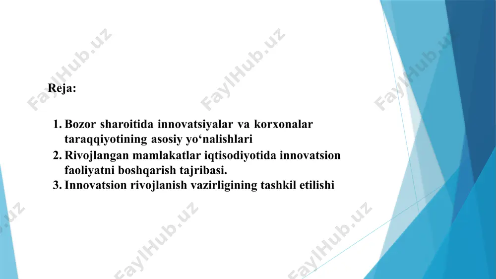 anoatga, shuningdek, qulay investitsiyaviy va ishchanlik muhitiga ega jadal rivojlanayotgan mamlakatga aylanishi lozim mamlakat iqtisodiyoti va xo‘jalik subyektlarining tadbirkorlik faoliyatiga ta’sir etishning asosiy vositalaridan biri-bu davlat iqtisodiy siyosatining bo‘g‘inlaridan hisoblanuvchi innovatsion siyosatdir. davlat innovatsion siyosat yordamida bevosita ishlab chiqarish hajmi o‘sish sur’atlarining oshishiga, fan-texnika taraqqiyoti tezlashishiga, ijtimoiy ishlab chiqarish tarkibining o‘zgarishi, ijtimoiy muammolarni xal qilishga ta’sir o‘tkaza oladi. innovatsion siyosat deganda davlatning iqtisodiyotni ko‘tarish va iqtisodiy- ijtimoiy taraqqiyot masalalarini xal qilish maqsadida mamlakat innovatsion salohiyatidan samarali foydalanish, innovatsiyalarni amalga oshirish uchun zarur sharoitlarni ta’minlashga xizmat qiluvchi maqsadli faoliyati tushuniladi. innovatsion rivojlanish vazirligining tashkil etilishi innovatsion va ilmiy- texnikaviy rivojlanish sohasida yagona davlat siyosatining amalga oshirilishini ta’minlashga qaratilgan. pirovard natijada, o‘zbekistonni rivojlantirishning innovatsion yo‘li iqtisodiy o‘sishning harakatlantiruvchi kuchi, mamlakat barqarorligi va aholi farovonligini ta’minlashning omili bo‘lishi lozim bugungi kunda o‘zbekistan iqtisodiy holati uchun mos keladigan «innovatsion muhit» iborasi bo‘lg‘usi innovatsiyalar uchun korxonalar jozibadorligini xarakterlaydi. innovatsion muhitni baholashda odatda bir kator o‘lcham …