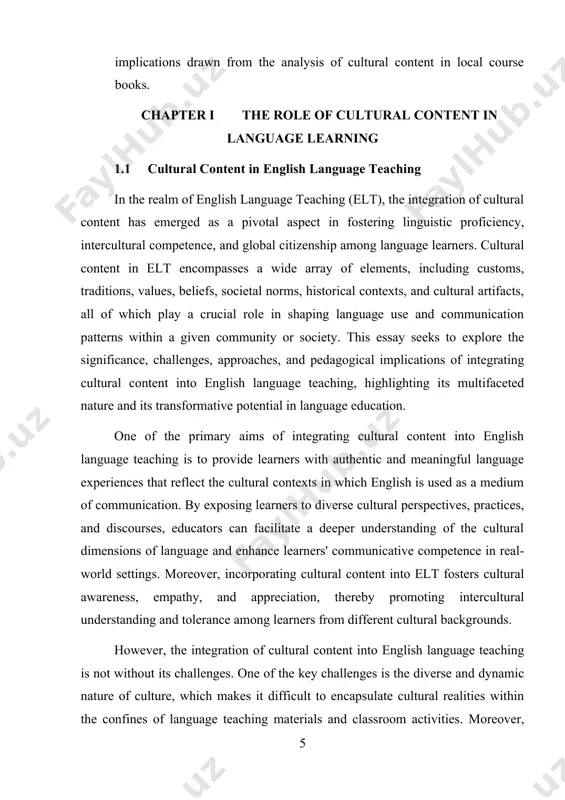 rovide learners with authentic language input and cultural insights. another approach involves the incorporation of culturally relevant topics, themes, and activities into the language curriculum, allowing learners to explore and engage with cultural content in meaningful and interactive ways. furthermore, experiential learning activities, such as cultural simulations, role-plays, field trips, and cross-cultural exchanges, provide opportunities for learners to interact with native speakers, experience cultural practices firsthand, and develop intercultural communication skills. the pedagogical implications of integrating cultural content into english language teaching are far-reaching and transformative. beyond linguistic proficiency, cultural competence has become increasingly recognized as an essential skill for navigating the complexities of our interconnected and multicultural world. by fostering cultural awareness, empathy, and respect, english language educators play a vital role in preparing learners to communicate effectively and ethically in diverse linguistic and cultural contexts. moreover, integrating cultural content into elt promotes critical thinking, reflection, and inquiry, as …