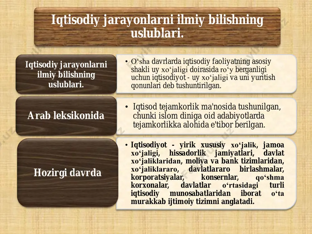 ni asoslab berdi. hozirgi zamon ish bilan bandlik iqtisodiy nazariyasining birinchi ilmiy poydevorini yaratdi. • keynschilar ta'limoti j.m.keyns (1883-1946) keynschilar ta'limoti j.m.keyns (1883-1946) 14 • iqtisodiy o‘sishni bozor mexanizimi ta'minlaydi, bu mexanizmning asosiy vositasi - pul degan xulosadan iborat. monetarizm m.fridmen (1912 yilda tuјilgan) • institusionalizm vakillari ijtimoiy ³arakatlantiruvchi kuch institutlar deb ³isoblashadi. ular iqtisodiy taraqqiyotda ³am texnokratiyaga ustunlik beradilar. institusionalizm t.veblen (1857-1929), u.mitchell (1874-1948), dj.robinson (1903-1983), dj.gelbreyt (1908 yilda tuјilgan) • liberalizm - bozor iqtisodiyotiga xos erkin faoliyat yuritish qoidalariga yo‘l ochib berish zarurligini, iqtisodiyotida bozor regulyatori orqali muvozanatga erishish mumkinligini tan oluvchi nazariyadir. liberalizm l. fon mizes (1881-1973), v.oyken, v.ryopke, l.erxad (1897-1977), f. fon xayek (1899-1992) хайек (1899-1992) 15 16 • iqtisodiy xodisa va jarayonlarni o‘rganish, ularning o‘zaro aloqa va bog‘liqliklarini ochib berish bilish vazifasi • jamiyat a'zolarini iqtisodiy bilim bilan qurollantirish, iqtisodiy xodisa va jarayonlarning moxiyatini ularning e'tiboriga yetkazish, davlatning iqtisodiy siyosatini shakllantirishga xizmat qilish amaliy vazifa …