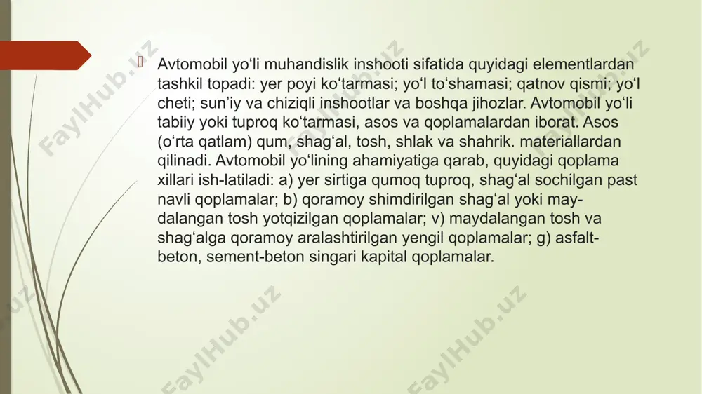 mobil yo‘llari mamlakatning iqtisodiy taraqqiyoti va aholi farovonligi uchun muhim omildir. ularning sifati va samaradorligini oshirish transport tizimining kelajakdagi rivoji uchun muhim shartlardan biridir. zamonaviy avtomobil yo‘llari loyihalash, qurish va ekspluatatsiya qilish jarayonlarida xavfsizlik, samaradorlik va ekologik muvozanatni ta’minlash muhimdir. ularning sifati yo‘l harakati xavfsizligi va transport xarajatlariga bevosita ta’sir qiladi. shu sababli, yo‘l infratuzilmasini rivojlantirish, ta’mirlash va modernizatsiya qilish doimiy e’tiborni talab qiladi. foydalanilgan adabiyotlar: 1. vasilev a.p. ekspluatastiya avtomobilnыx dorog. 2 chast. m.akademiya.2010. 320 str. 2. sadikov i.s., azizov k.x., artikov a.a. obustroystvo i blagoustroystvo avtomobilnыx dorog. t. shark. 2010. 340 bet. 3. vasilev a.p. shambar p. poverxnostnaya obrabotka s sinxronnыm raspredeleniem materialov. (opыt dorojnikov franstii). m. 1999. 100 str. 4. uplotnenie i ukladka dorojnыx materialov. teoriya i praktika. sankt peterburg.1995. 120 str. 5. mshn 24-2005. texnicheskix pravil remont i soderjaniya avtomobilnыxdorog. gak «uzavtoyul» adnii. 2007.200 str. 6. shnq 3.06.03-2008. avtomobilnыe dorogi. image1.jpg image2.jpg image3.jpg image4.jpg image5.jpg image6.jpg …