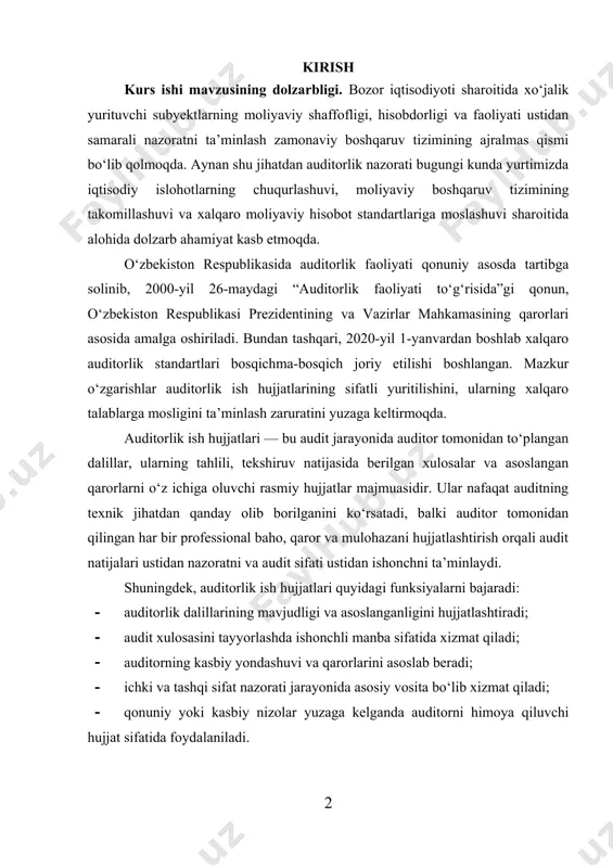 nazoratni va audit sifati ustidan ishonchni ta’minlaydi. shuningdek, auditorlik ish hujjatlari quyidagi funksiyalarni bajaradi: · auditorlik dalillarining mavjudligi va asoslanganligini hujjatlashtiradi; · audit xulosasini tayyorlashda ishonchli manba sifatida xizmat qiladi; · auditorning kasbiy yondashuvi va qarorlarini asoslab beradi; · ichki va tashqi sifat nazorati jarayonida asosiy vosita bo‘lib xizmat qiladi; · qonuniy yoki kasbiy nizolar yuzaga kelganda auditorni himoya qiluvchi hujjat sifatida foydalaniladi. xalqaro tajribada auditorlik ish hujjatlarining yuritilishiga alohida e’tibor qaratiladi. jumladan, xalqaro auditorlik standartlari (xas), xususan, isa 230 “audit hujjatlari” standarti audit hujjatlarining shakli, mazmuni, to‘liq va o‘z vaqtida tayyorlanishiga oid qat’iy talablarga ega. ushbu standarta muvofiq, auditor har qanday auditorlik faoliyati bo‘yicha amalga oshirilgan ishlarni hujjatlashtirib borishi, dalillarni asoslab berishi, kasbiy baholarni qayd etishi shart. o‘zbekiston respublikasida esa auditorlik tashkilotlari tomonidan auditorlik ish hujjatlari yuritilishi bo‘yicha yagona standartlashtirilgan tizim mavjud emasligi, ko‘plab kichik auditorlik firmalarida hujjatlarni yuritish sifati yetarli emasligi kuzatilmoqda. bu holat auditorlik xizmatining ishonchliligiga, audit …