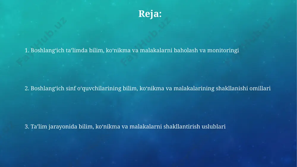 irib, bilimning samaradorligini 20-30% ga yaxshilaydi. boshlangʻich taʼlimda, ayniqsa 2-4 sinflarda, konseptual tushunchalarni shakllantirishda 3-5 ta asosiy tushunchadan boshlash va ularni asta-sekin murakkablashtirish samarali natijalar beradi, bu esa uzoq muddatli xotiraga taʼsir qiladi. bilim, koʻnikma va qobiliyatlarni bir butun sifatida shakllantirish boshlangʻich sinf oʻquvchilarida bilim, koʻnikma va qobiliyatlarning uygʻun rivojlanishi uchun kamida 3 ta asosiy oʻquv sohasi (ona tili, matematika, tabiatshunoslik) boʻyicha yaxlit yondashuv zarur, bunda har bir sohaga 25% dan kam boʻlmagan vaqt ajratiladi. ta’limning individualizatsiyalashgan yondashuvi, ya’ni har bir oʻquvchining 5 ta asosiy intellekt turi (mantiqiy-matematik, lingvistik, vizual-fazoviy, kinetik-jismoniy, shaxslararo) hisobga olingan holda, individual oʻquv rejalarini ishlab chiqish orqali bilim, koʻnikma va qobiliyatlarni samarali shakllantirishga yordam beradi. oʻquv dasturlari va standartlar oʻquv dasturlari 1-4-sinflar uchun asosiy kompetensiyalarni rivojlantirishga qaratilgan boʻlib, ularning kamida 6 ta asosiy sohasini qamrab oladi. davlat ta'lim standartlari oʻquvchilarning yillik oʻzlashtirish darajasi boʻyicha 5 balli baholash tizimini belgilaydi va har bir fan boʻyicha minimal koʻrsatkichlarni …