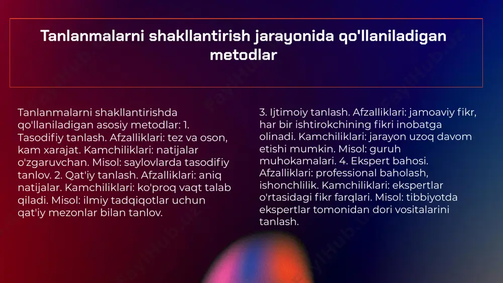 iga yangi g'oyalar kiritadi. 2. ushbu yondashuvlar orqali tashkilotlar bozor talablariga tezda moslashadi. 3. innovatsion yondashuvlar kelajakda tanlanmalar sifatini oshirishda muhim rol o'ynaydi. tanlanmalarni shakllantirishda amaliy misollar misol 1: sifatni ta'minlash birinchi misolda sifatni ta'minlash jarayonida statistik nazorat va sifat nazorati metodlari qo'llaniladi. bu usullar ishlab chiqarish jarayonida sifat ko'rsatkichlarini tahlil qilish orqali natijalarni yaxshilashga yordam beradi. misol 2: innovatsion yondashuvlar ikkinchi misolda innovatsion yondashuvlar misoli keltiriladi. raqamli tizimlar yordamida tanlanmalarni avtomatlashtirish samaradorlikni oshiradi va jarayonni tezlashtiradi, bu esa standartlarga erishishni ta'minlaydi. misol 3: tahlil va baholash uchinchi misolda tanlanmalarni baholash jarayonida qo'llaniladigan metodlar ko'rsatiladi. ularning standartlarga mosligi ta'kidlanadi, bu esa standartlashtirishda muhim ahamiyatga ega. o'zbekiston amaliyotidagi tanlanmalar o'zbekistonning turli sohalarida tanlanmalarni shakllantirish jarayonida quyidagi amaliy misollarni keltirish mumkin: 1. qishloq xo'jaligi: o'zbekistonda paxta yetishtirishda tanlanmalarni shakllantirishda zamonaviy texnologiyalar qo'llaniladi. masalan, 2022 yilda paxta hosilini oshirish uchun yangi navlar tajriba maydonlarida sinovdan o'tkazilgan. bu jarayonda 15% hosilni oshirishga erishilgan. 2. …