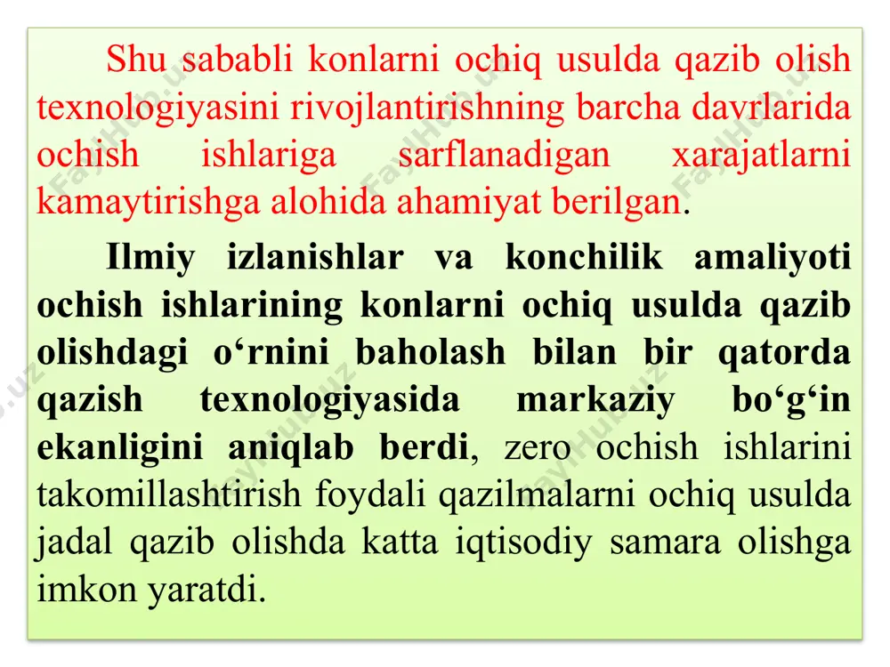 i bundan ag‘darmaning balandligi (m) kelib chiqadi a-1. bir cho‘michli ekskavatorlar yordamida ochiq kon ishlarida qazib olingan qoplama jinslarni ag‘darmaga joylashtirish texnologiyasi ekskavatorning bo‘shatish balandligi hp ³ ho – h yoki hp = hkp + 0,25b tgb – h. ekskavatorning bo‘shatish radiusi rp ³ c +h ctgα + z + ho ctgb, bu yerda c – ochuvchi ekskavator o‘qidan foydali qazilma pog‘onasining yuqori qirrasigacha bo‘lgan masofa, m; z – erkin qazib olingan maydonning kengligi, m. teskari masalani yechishda aniq sharoitlarda qoplovchi ekskavator tomonidan qazib olinadigan qoplama jinsning mumkin bo‘lgan quvvati aniqlanadi: ekskavatorning bo‘shatish balandligi hp ni hisobga olgan holda a-1. bir cho‘michli ekskavatorlar yordamida ochiq kon ishlarida qazib olingan qoplama jinslarni ag‘darmaga joylashtirish texnologiyasi ekskavatorning bo‘shatish radiusini hisobga olgan holda yakuniy ko‘rinishda minimal qiymat qabul qilinadi. ishchi parametrlari kichikroq bo‘lgan ekskavatorlarni ochish ishlarida qo‘llash imkoniyati uchun texnologik sxemani loyihalashda erkin qazib olingan bo‘shliq kengligini kamaytirish, ichki ag‘darmaning qiyalik burchagini va …