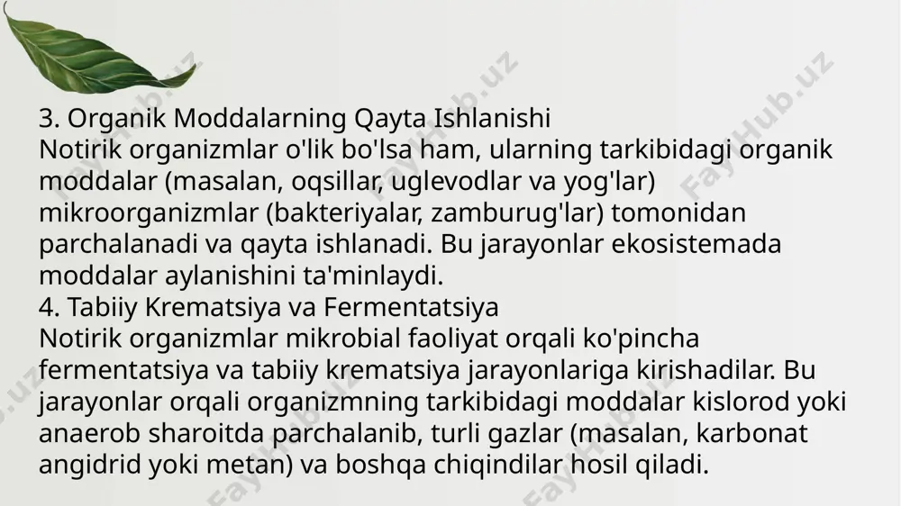 tlarda misollar: o‘simlik qoldiqlari: barglar va daraxtlar qoldiqlari tuproqqa singib, gumusga aylanadi. hayvon qoldiqlari: o‘lik organizmlar mikroorganizmlar yordamida parchalanib, anorganik moddalarga aylanishi bilan ekotizimga qayta qo‘shiladi. biologik parchalanish mikroorganizmlar (bakteriyalar, zamburug‘lar) organik moddalarni fermentlar yordamida oddiyroq birikmalarga ajratadi. bu jarayonni uch bosqichga bo‘lish mumkin: gidroliz: makromolekulalar (oqsillar, uglevodlar, yog‘lar) suv yordamida oddiyroq molekulalarga parchalanadi. fermentatsiya: organik moddalardan gazlar (co₂, ch₄) va boshqa birikmalar hosil bo‘ladi. minerallashuv: azot, fosfor, oltingugurt va boshqa elementlar anorganik moddalarga aylanishi. psixoanalizdagi parchalanish tushunchasi sigmund freyd va uning izdoshlari psixik “parchalanish”ni inson ongsiz va ongli holatlari o‘rtasidagi kurash sifatida talqin qilgan. bu jarayon psixologik buzilishlarga, jumladan, nevroz yoki shizofreniyaga olib kelishi mumkin. freydga ko‘ra, repressiya yoki qo‘rquv natijasida insonning ichki psixologik tuzilmalari bo‘linishi sodir bo‘ladi. parchalanish jarayonini boshqarish usullari kompostlash: organik qoldiqlarning tezroq parchalanishini ta’minlovchi usul. qayta ishlash: metall, plastmassa va boshqa materiallarni takroriy foydalanish uchun qayta ishlash. biologik yordamchi vositalar: parchalanishni tezlashtiruvchi mikroorganizmlar va fermentlardan …