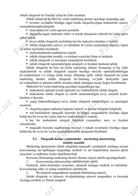 bozordagi mavqesidan va korxonani o’z holatini bog’ligiga qarab o’z ichiga turli variantlarni oladi. strategiyalar diversifikatsiyasi, tadbirkorlik faoliyatini segmentatsiyalash, hujum va ximoya strategiyalari bo’lishi mumkin. muddatiga qarab marketing dasturlari qisqa, o’rta va uzoq muddatli turlarga bo’linadi. ayrim firmalar esa ikki yoqlama dastur tuzadilar, ya’ni uzoq muddatli va qisqa muddatli dasturlar. qamrab olayoigan vazifasiga qarab oddiy yoki maqsadli dasturlarga bo’linadi. oddiy marketing dasturlari firmani ishlab chiqarish, sotish faoliyati bilan barcha funktsiyalarni savollarini yechishga yo’naltiriladi. maqsadli dasturda esa yangi mahsulot ishlab chiqarish yoki segmentni o’zlashtirish, firma siyosatini rag’batlantirish samaradorligini oshirish kabi muhim vazifalarni amalga oshirishga qaratiladi. ob’ektiga bog’ligiga qarab marketing dasturlari mahsulotlar bo’yicha va ishlab chiqarish bo’limi bo’yicha bo’lishi mumkin. ishlab chiqarish bo’limi bo’yicha marketing dasturi quyidagi maqsadga ega: · tovarlar siyosatini hisobga olgan holda chiqarilayotgan mahsulotni zaruriy nomenklaturasini aniqlash; · innovatsiya bo’yicha qarorni asoslash; · chiqarilayotgan mahsulot sifati va texnik darajasini oshirish bo’yicha qaror qabul qilish; · tovar ishlab chiqarish tuzilishida har …